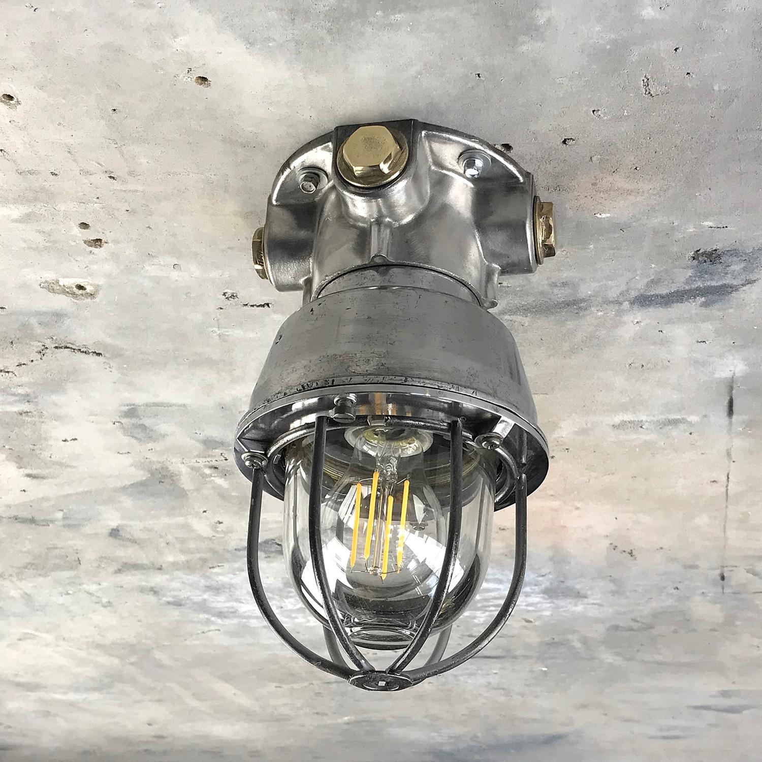 Industrial 1970s Italian Cast Aluminium, Brass and Glass Explosion Proof Ceiling Light For Sale