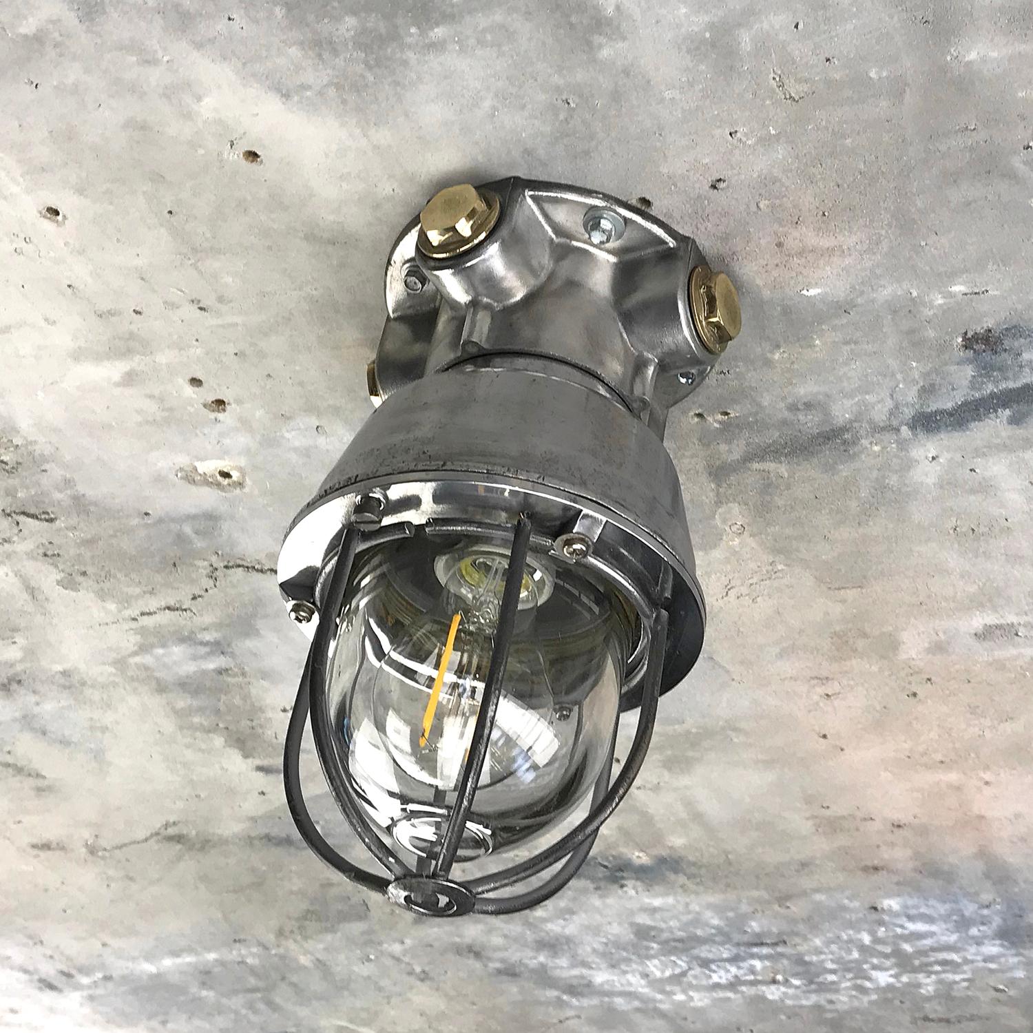 Welded 1970s Italian Cast Aluminium, Brass and Glass Explosion Proof Ceiling Light For Sale