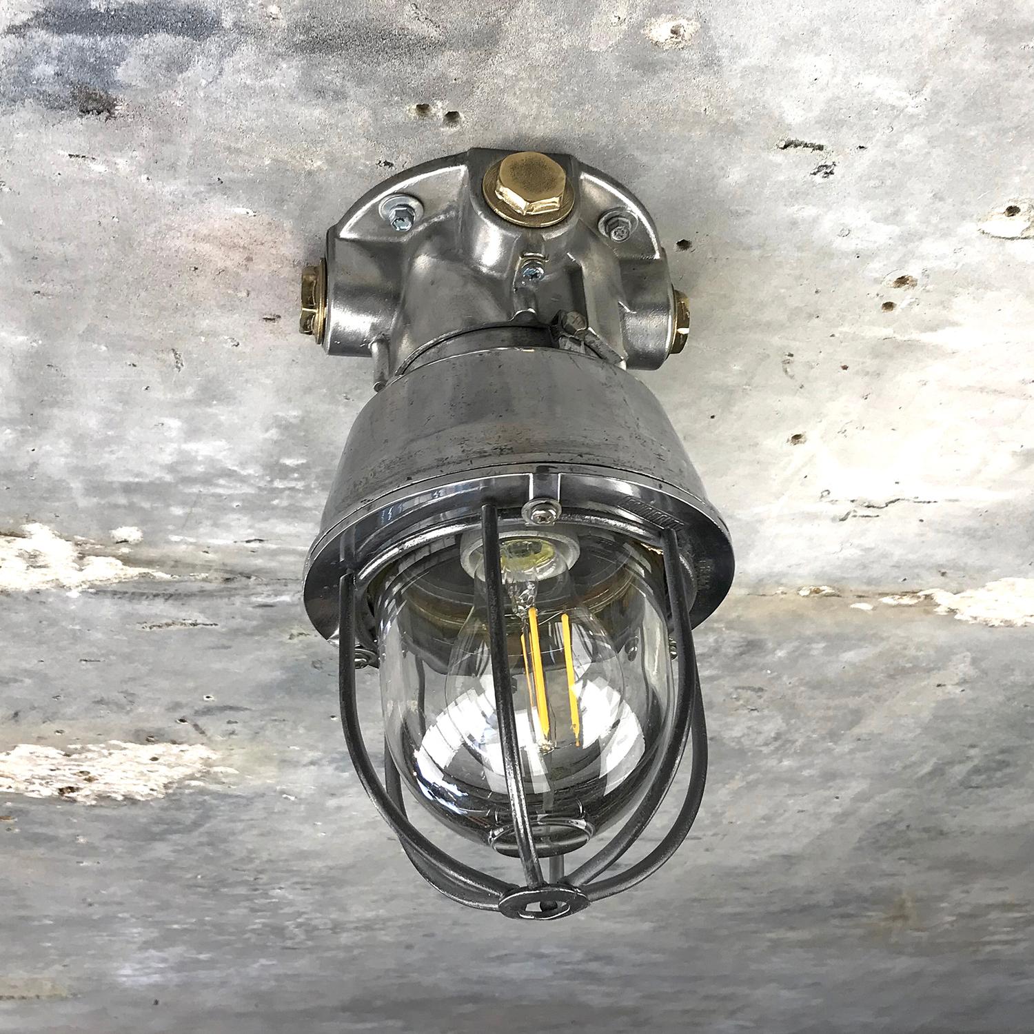 Late 20th Century 1970s Italian Cast Aluminium, Brass and Glass Explosion Proof Ceiling Light For Sale
