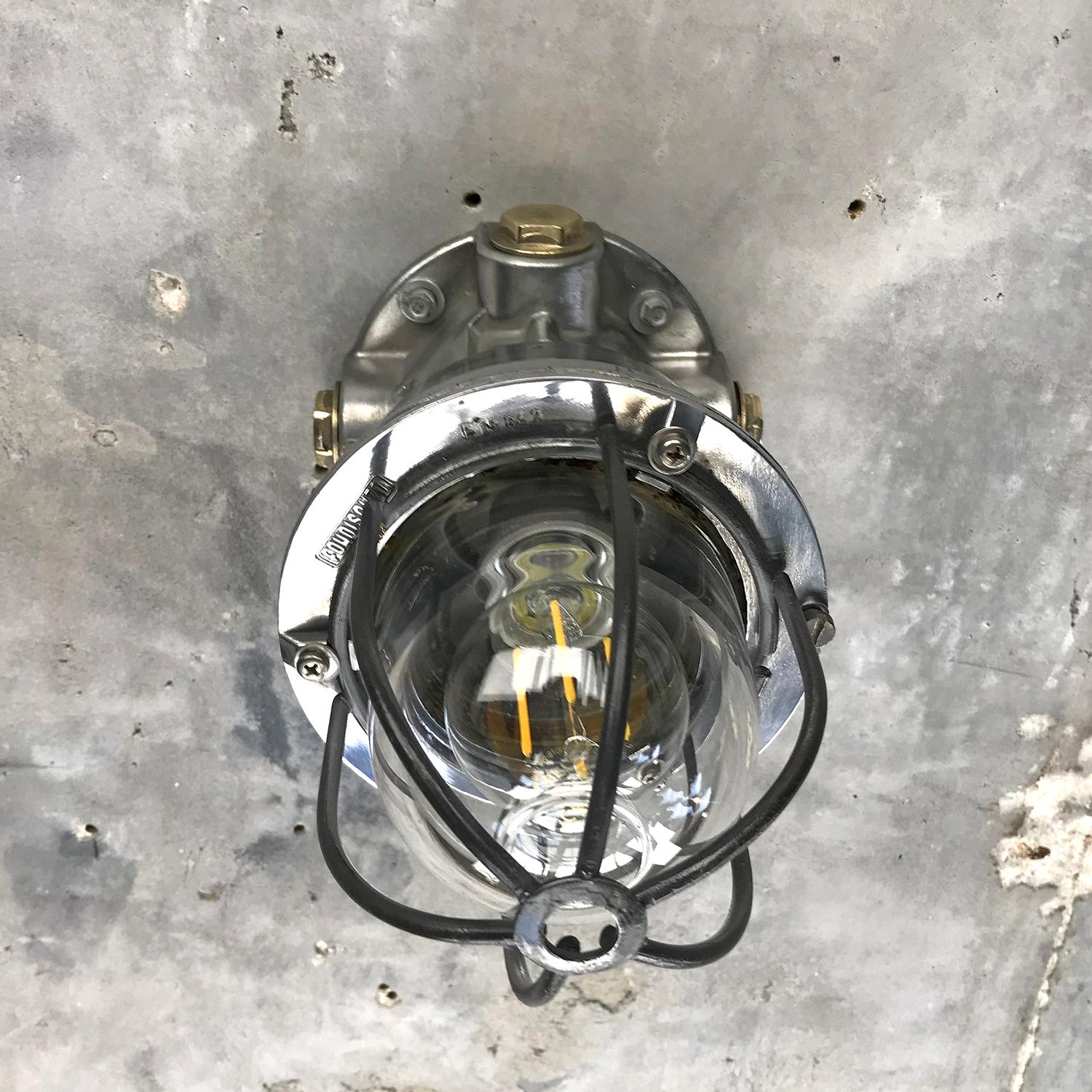 Steel 1970s Italian Cast Aluminium, Brass and Glass Explosion Proof Ceiling Light For Sale