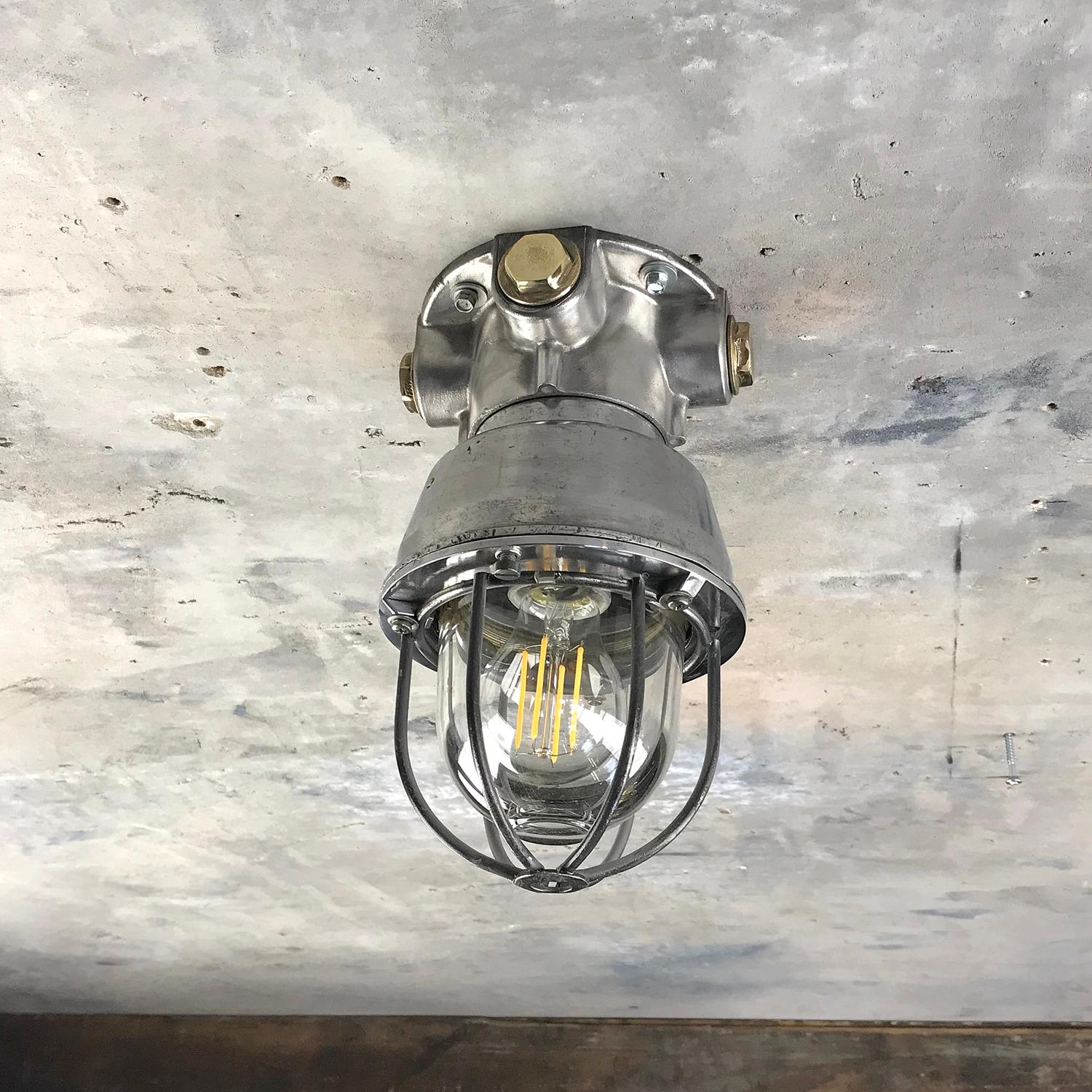 1970s Italian Cast Aluminium, Brass and Glass Explosion Proof Ceiling Light For Sale 1