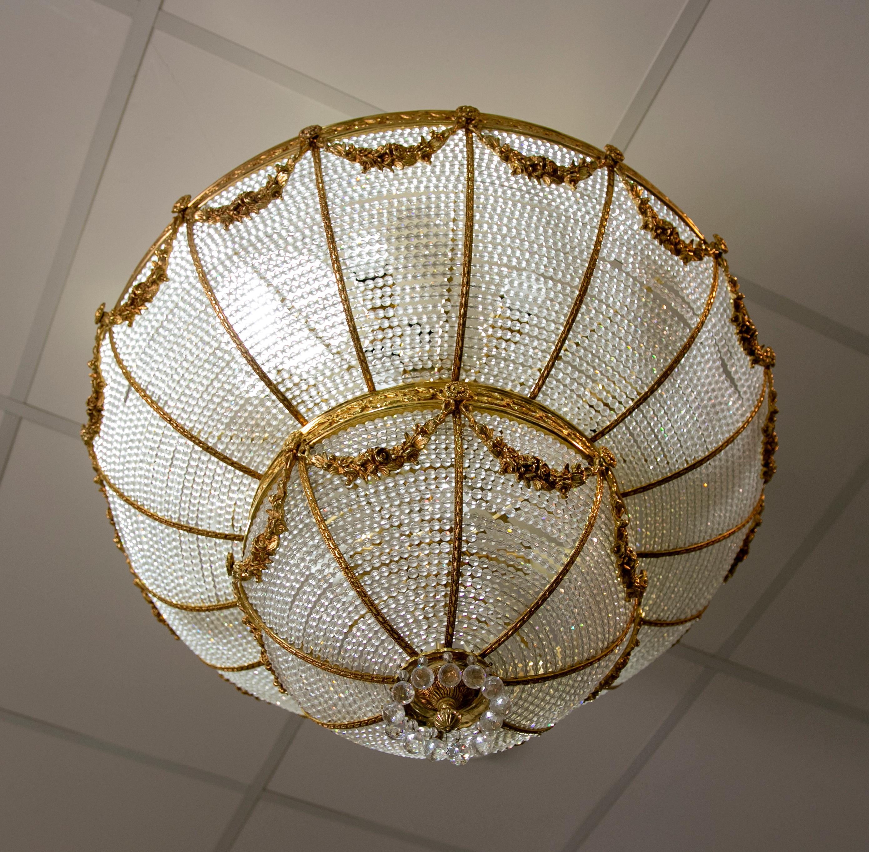 Brass 1970s Italian Ceiling Lamp in Glass and Gilded Bronze For Sale