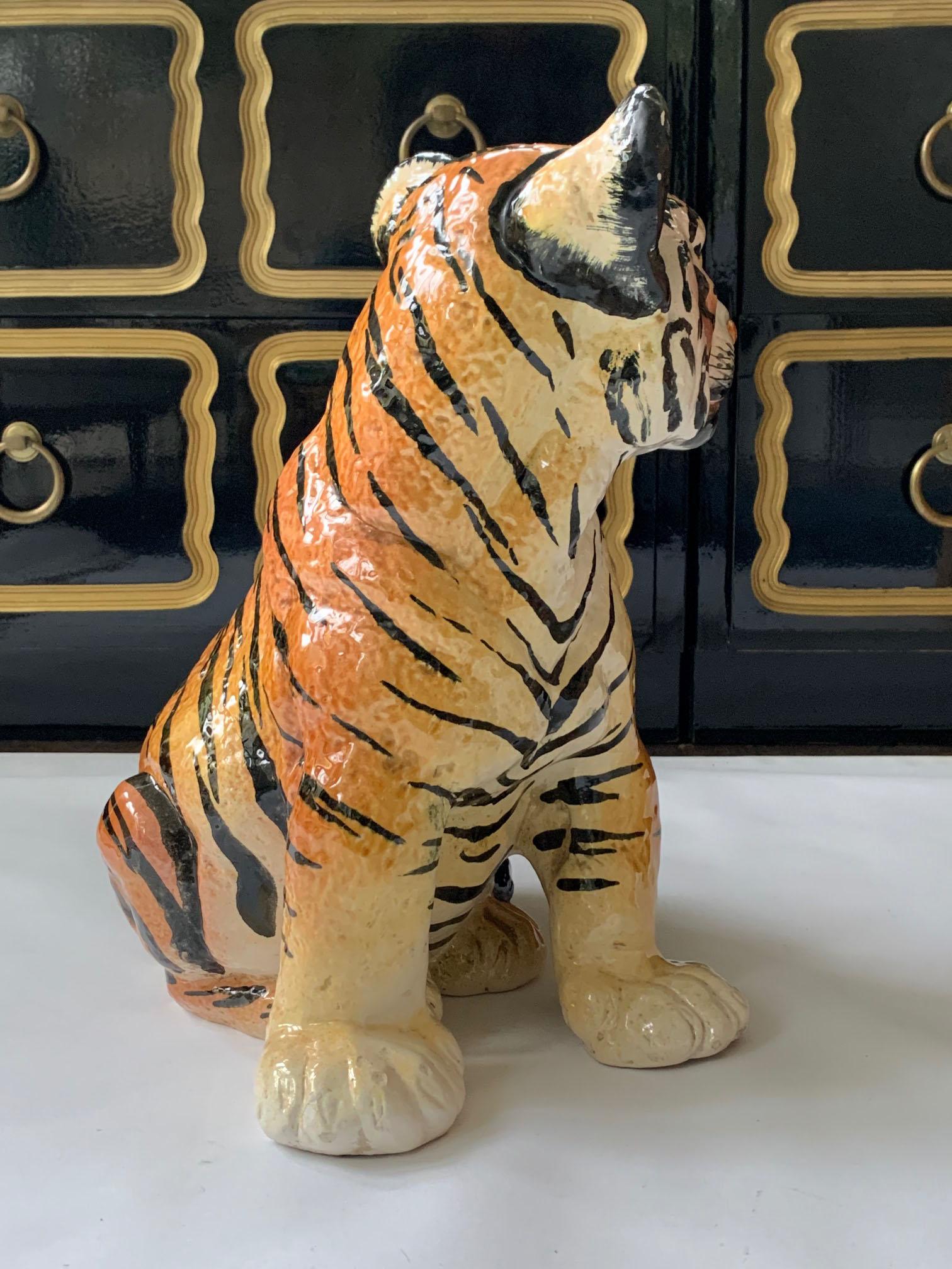 Hollywood Regency 1970s Italian Ceramic Glazed Tiger Cub Statue