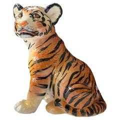Used 1970s Italian Ceramic Glazed Tiger Cub Statue
