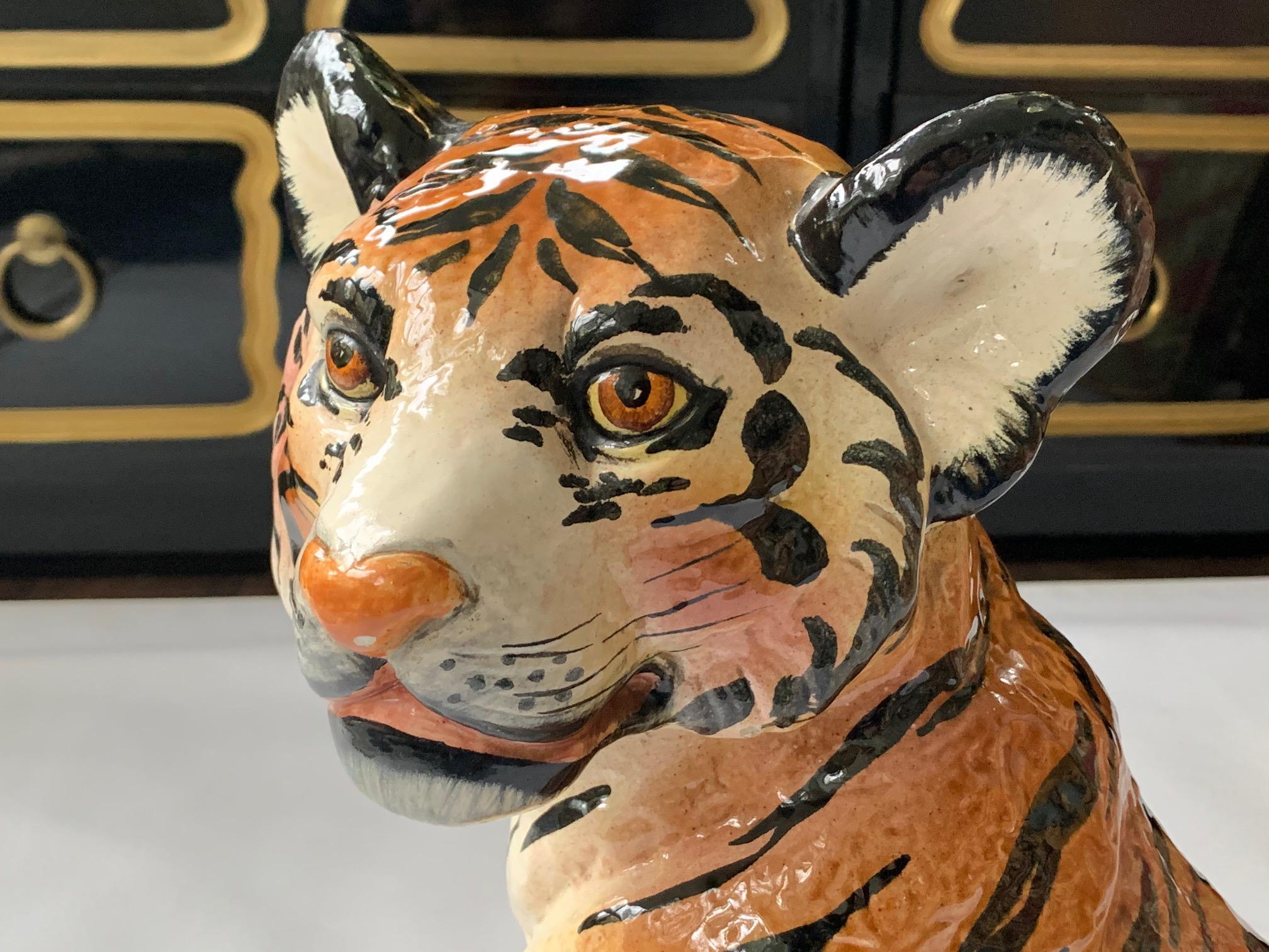 Hollywood Regency 1970s Italian Ceramic Glazed Tiger Statue