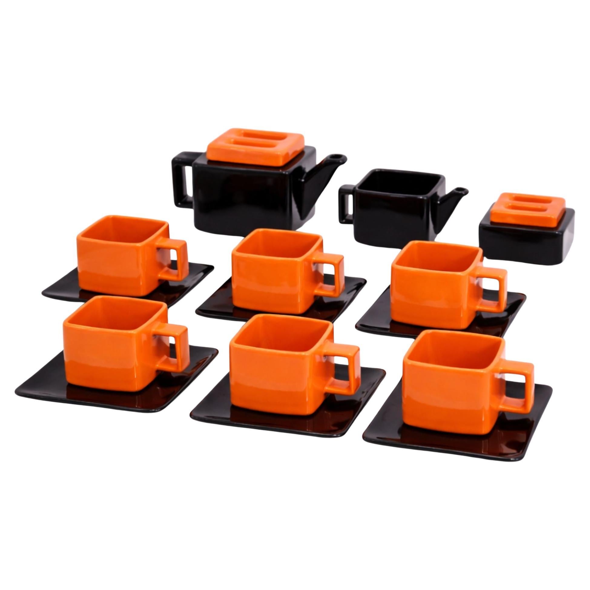 1970s Italian Ceramic Tea Set in the Style of Ettore Sottsass, Red and Black