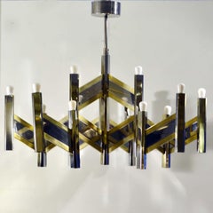 1970s Italian Chandelier Brass and Chrome Chevron Shape 15 Lights, by Sciolari