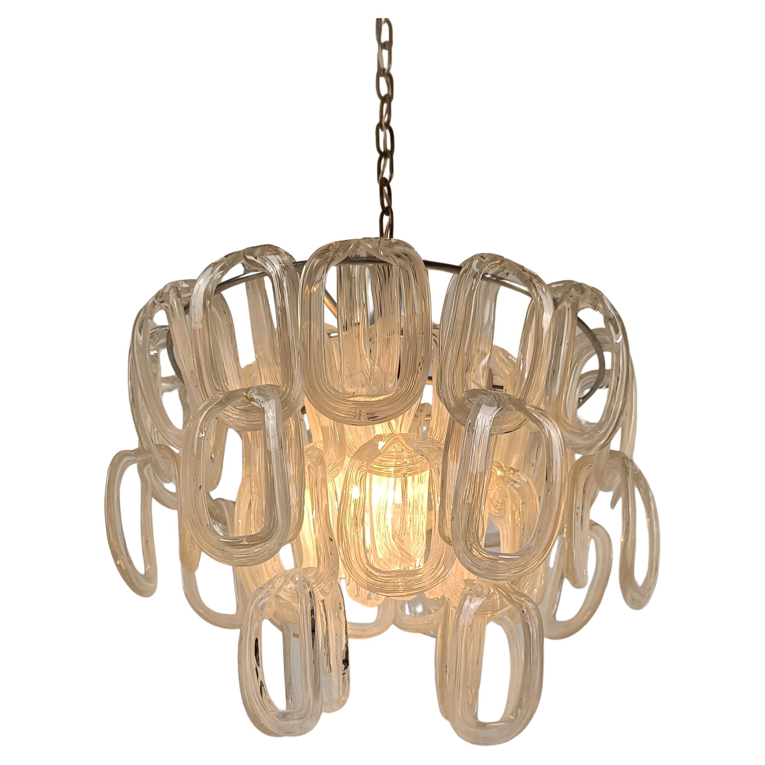 Lustre italien des années 1970 en verre de Murano blanc et transparent, style Vistosi Giogali