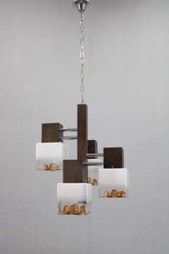 1970s Italian Chandelier with Murano Glass Shades and Anodized Metal Frame