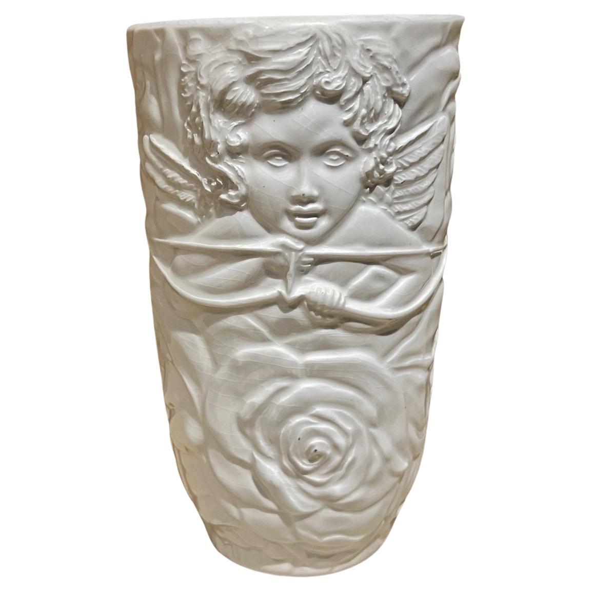 1970s Italian Cherub White Vase Art Pottery