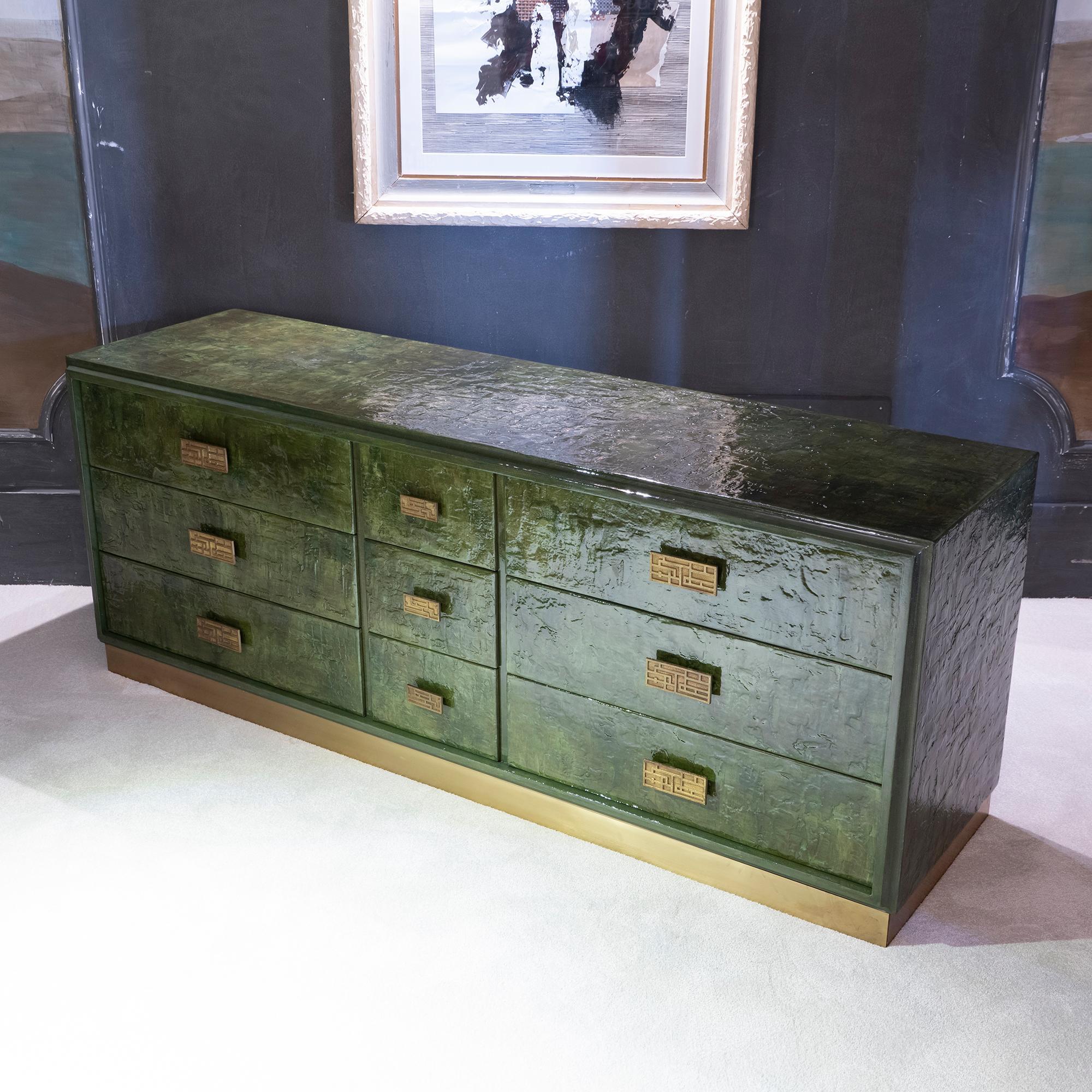 Brass 1970s Italian Chest of Drawers, Camouflage Green Epoxy Resins Ceramic Finish