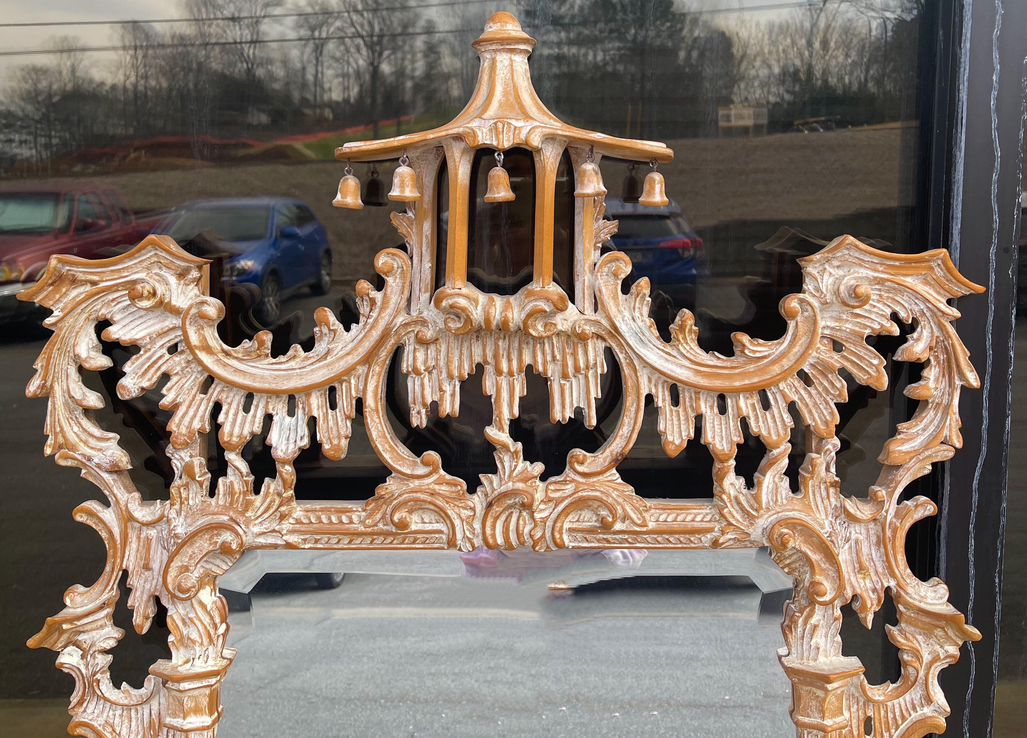 1970s Italian Chinese Chippendale Style Cerused Carved Wood Pagoda Form Mirror In Good Condition In Kennesaw, GA