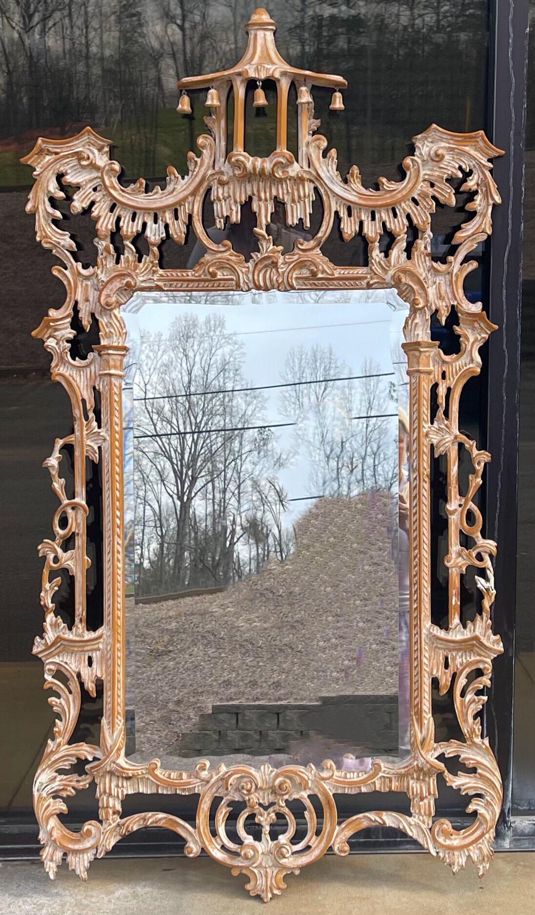 Late 20th Century 1970s Italian Chinese Chippendale Style Cerused Carved Wood Pagoda Form Mirror