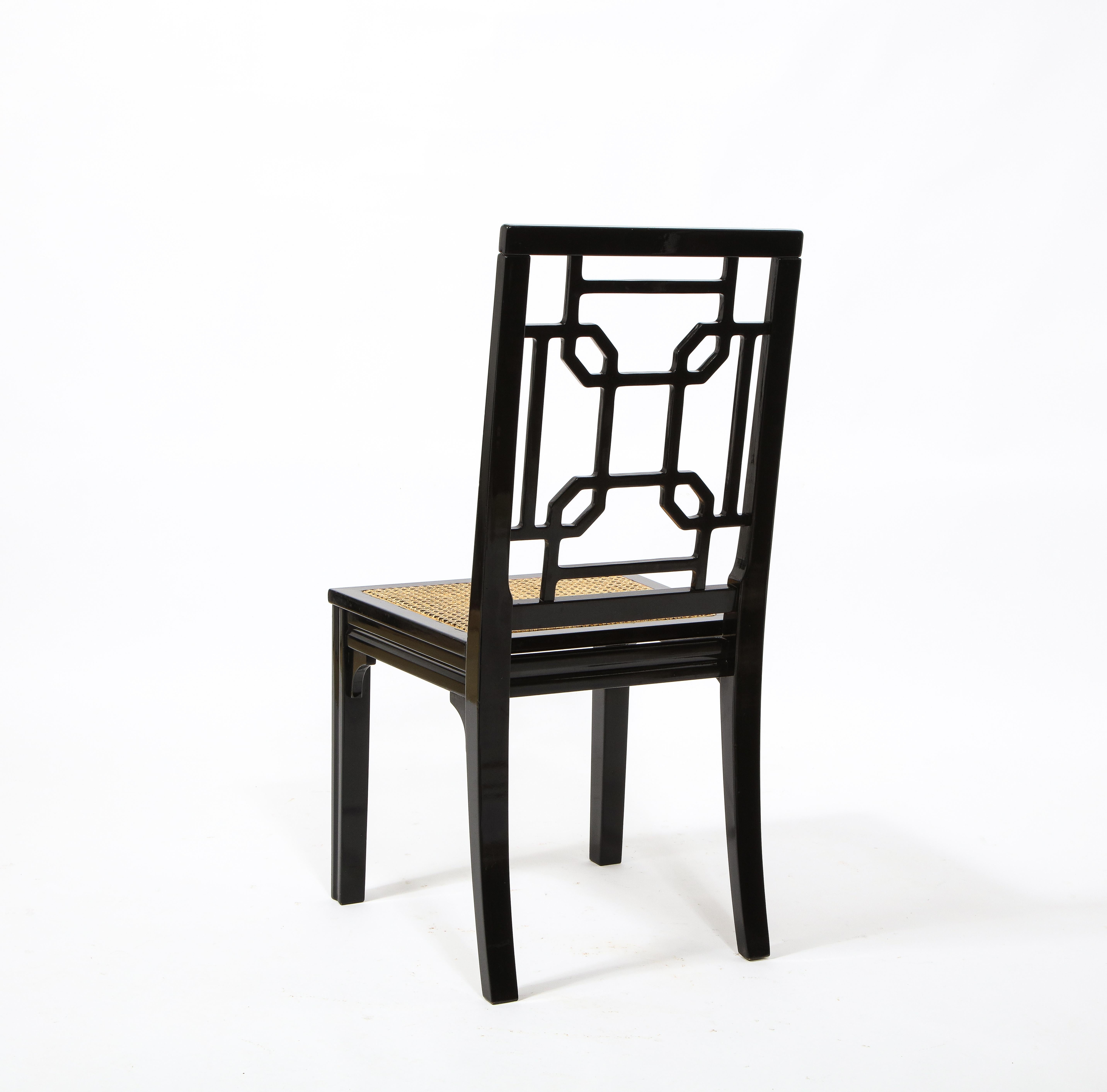 1970s Italian Chinoiserie Style Black Lacquer and Cane Dining Chairs, Set of 6 5