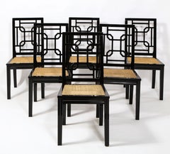 1970s Italian Chinoiserie Style Black Lacquer and Cane Dining Chairs, Set of 6