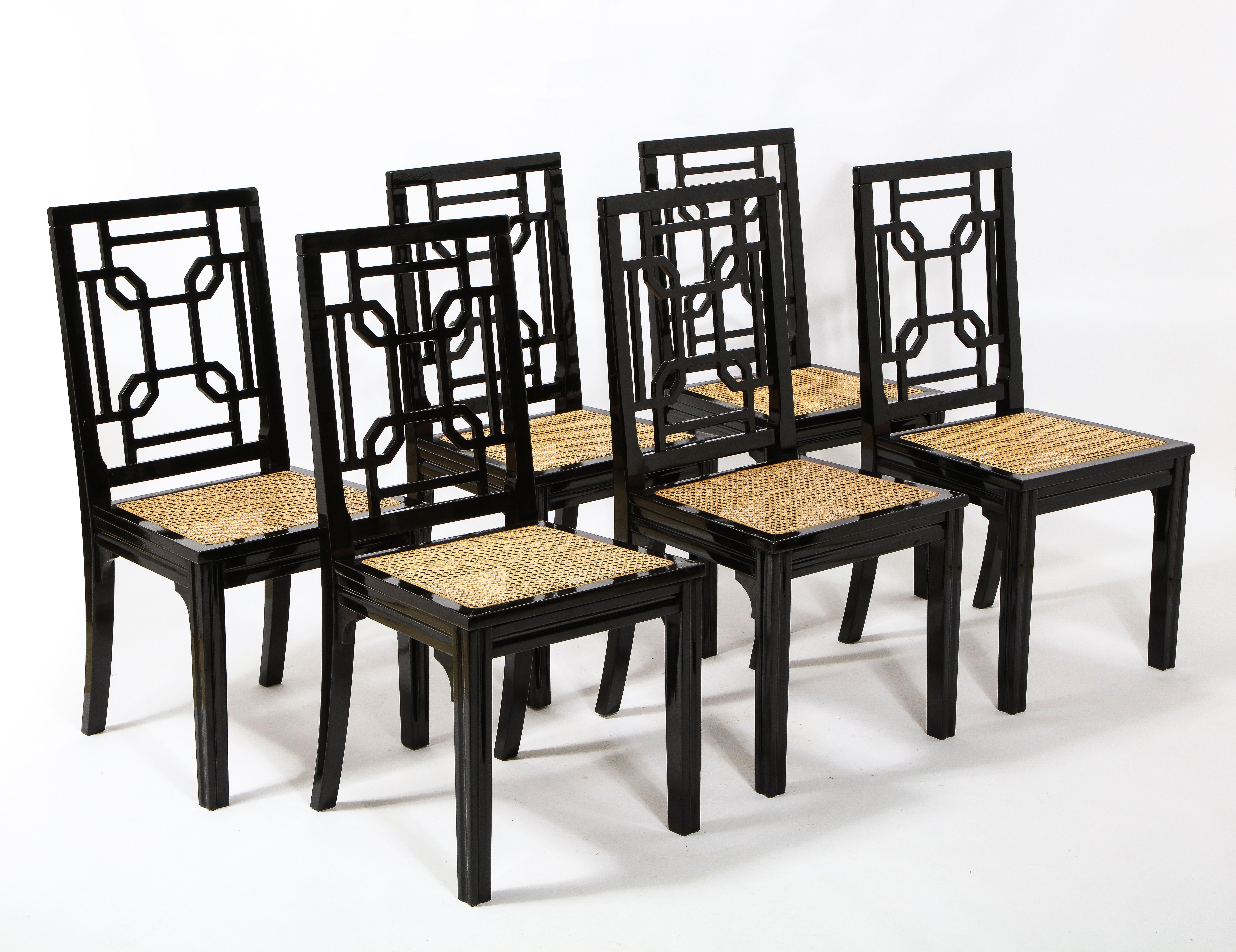Hollywood Regency 1970s Italian Chinoiserie Style Black Lacquer and Cane Dining Chairs, Set of 6