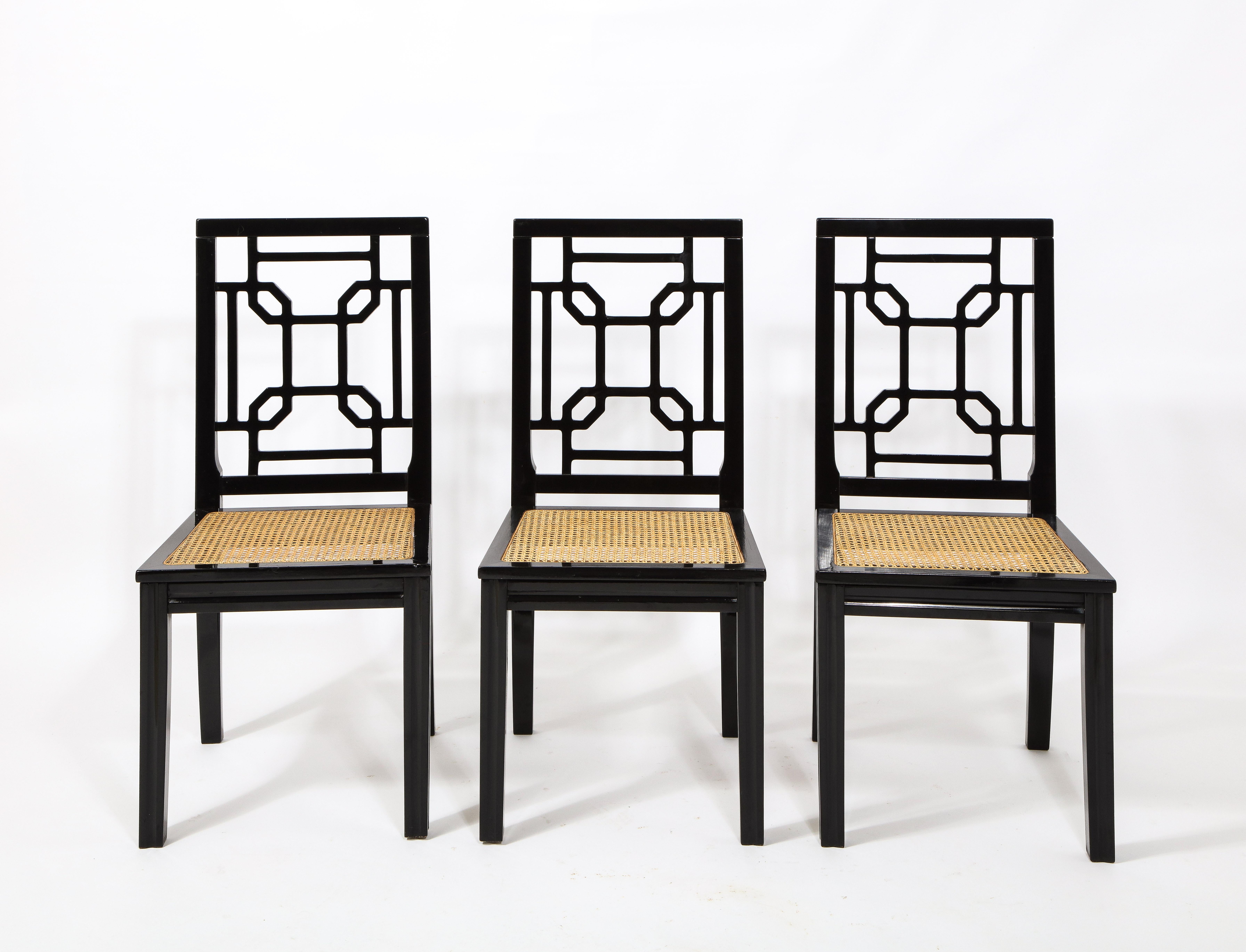 1970s Italian Chinoiserie Style Black Lacquer and Cane Dining Chairs, Set of 6 In Good Condition In Chicago, IL