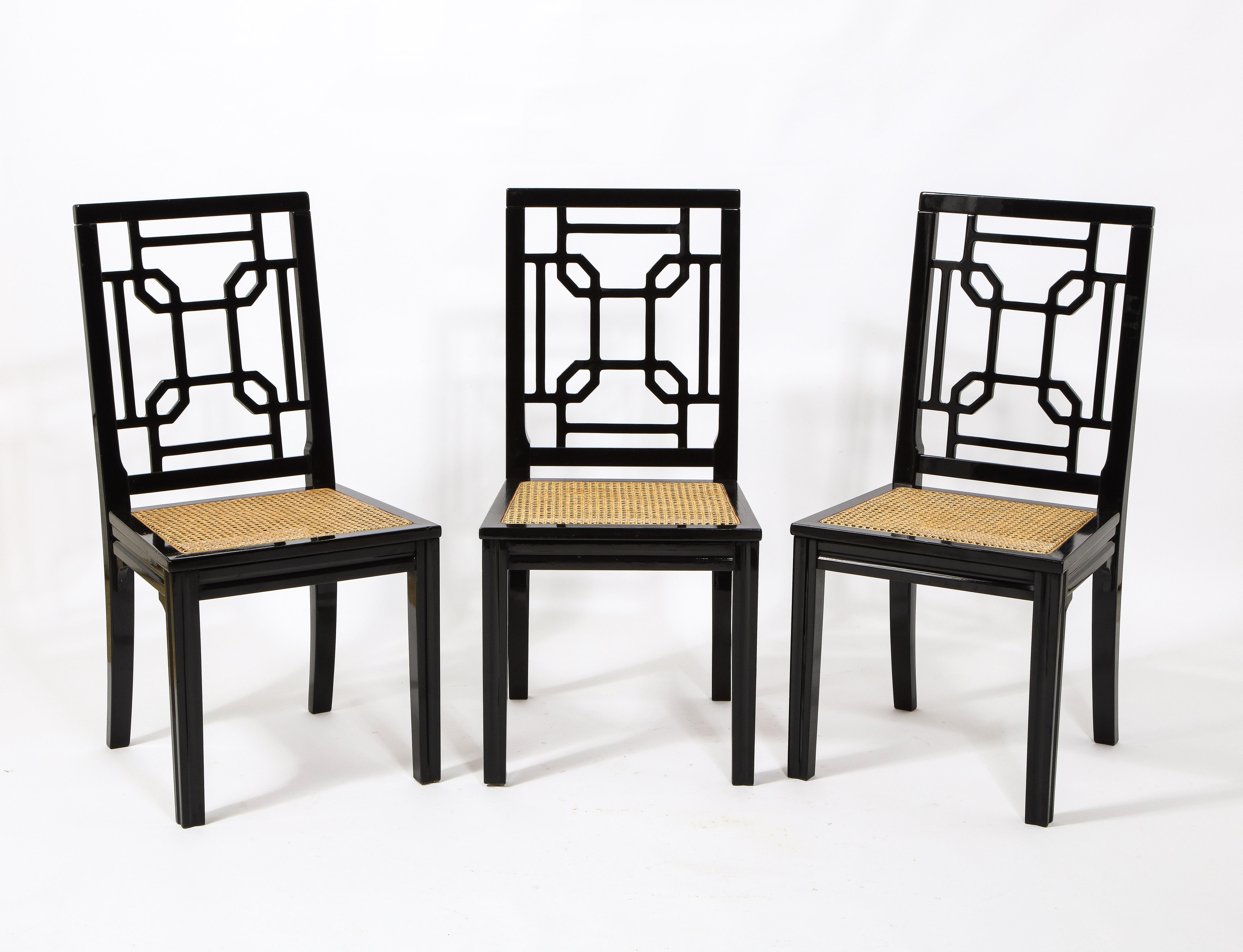 Late 20th Century 1970s Italian Chinoiserie Style Black Lacquer and Cane Dining Chairs, Set of 6