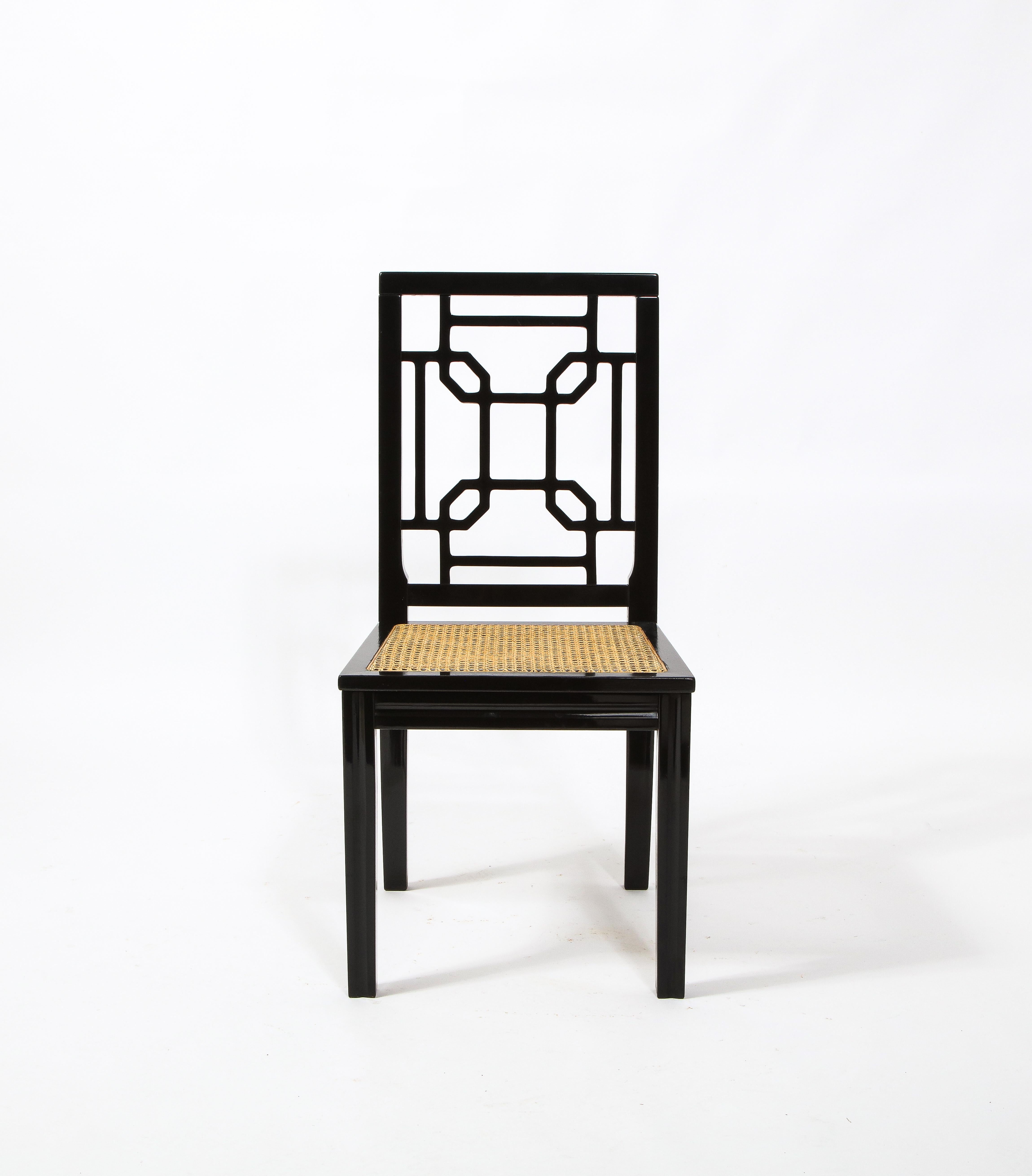 1970s Italian Chinoiserie Style Black Lacquer and Cane Dining Chairs, Set of 6 1