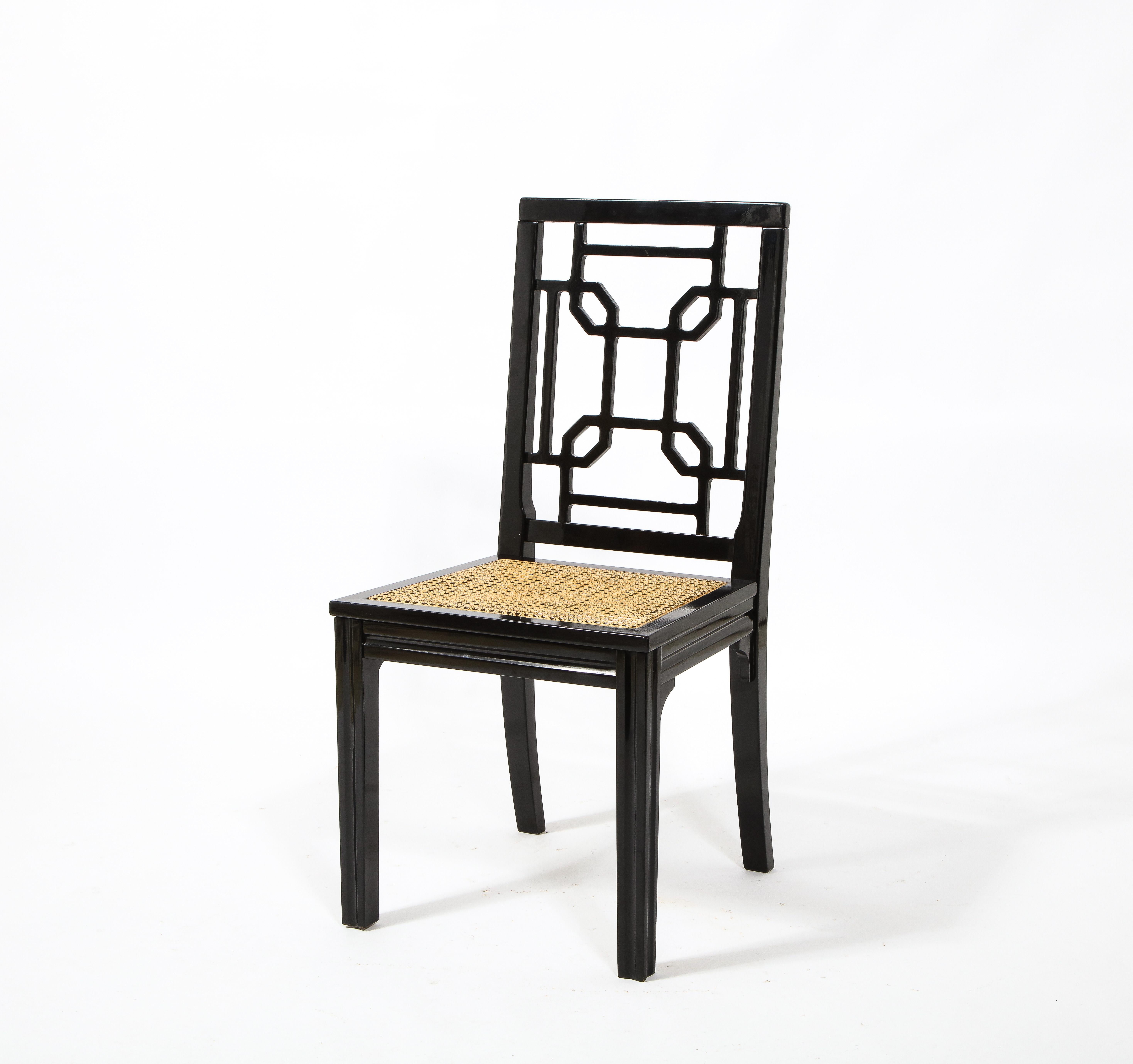 1970s Italian Chinoiserie Style Black Lacquer and Cane Dining Chairs, Set of 6 2