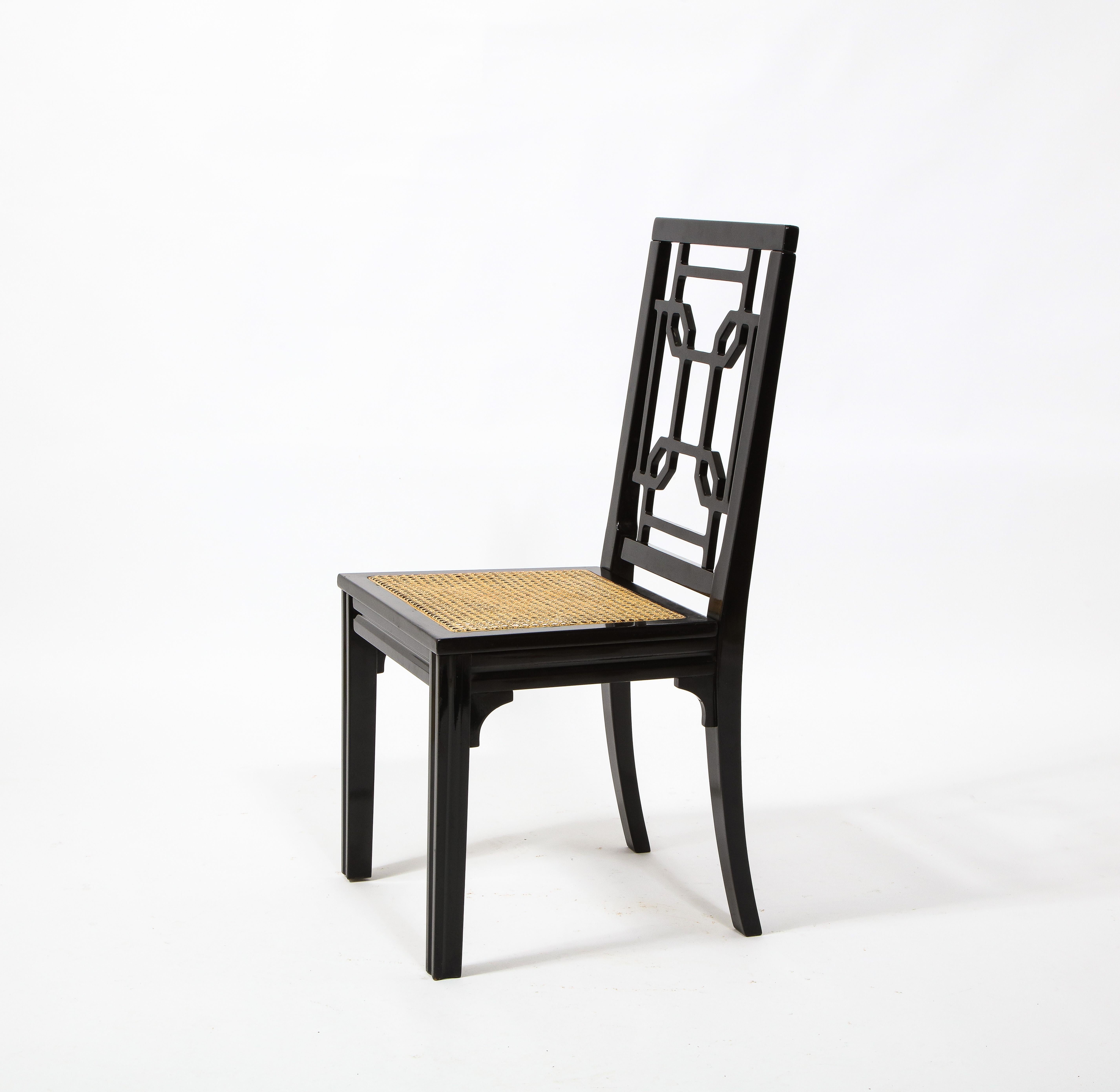 1970s Italian Chinoiserie Style Black Lacquer and Cane Dining Chairs, Set of 6 3