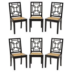 1970s Italian Chinoiserie Style Black Lacquer and Cane Dining Chairs, Set of 6