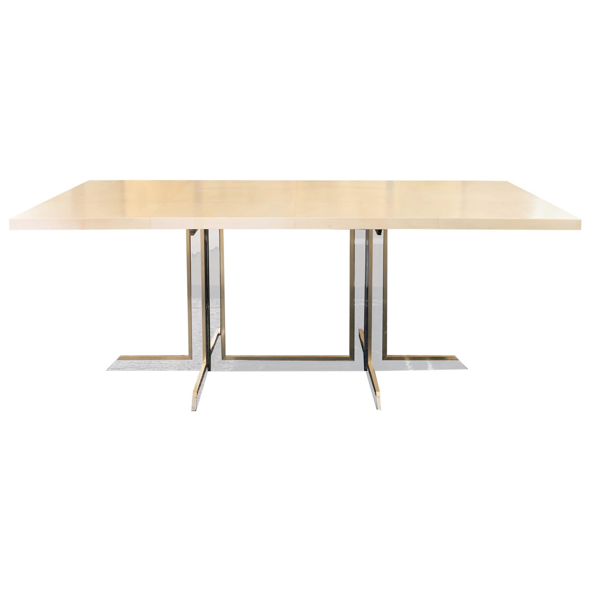 1970s Italian Chrome and Brass Dining Table with Natural Parchment Top