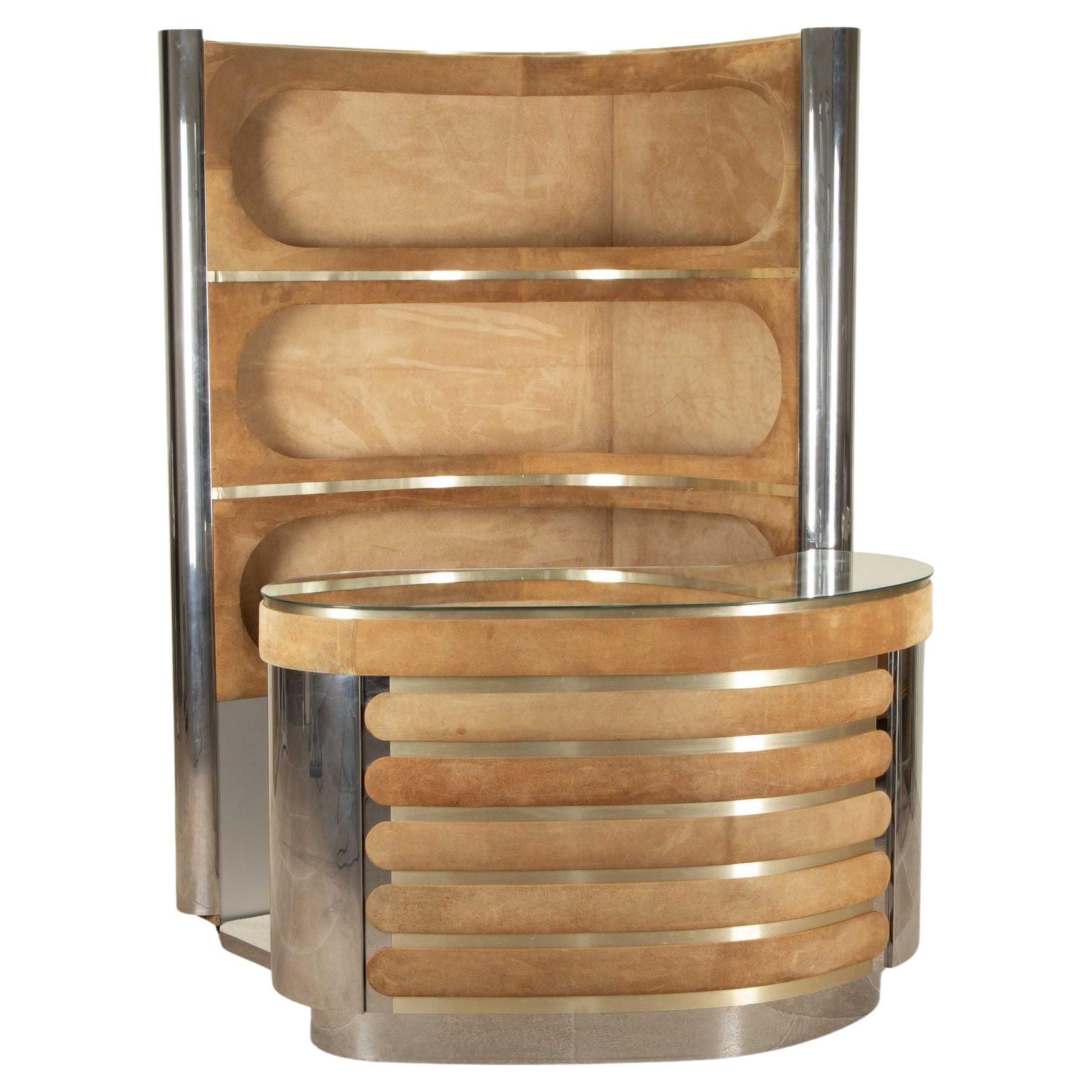 1970s Italian Chrome and Suede Bar in the Style of Willy Rizzo