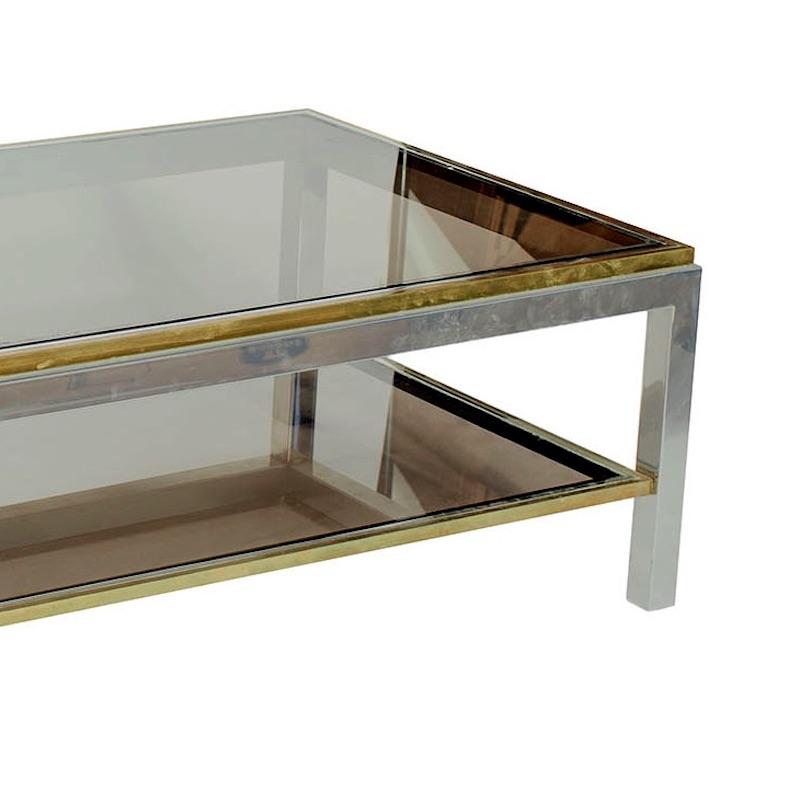 Mid-Century Modern 1970s Italian Chrome Brass Coffee Table with Smoked Glass by Willy Rizzo