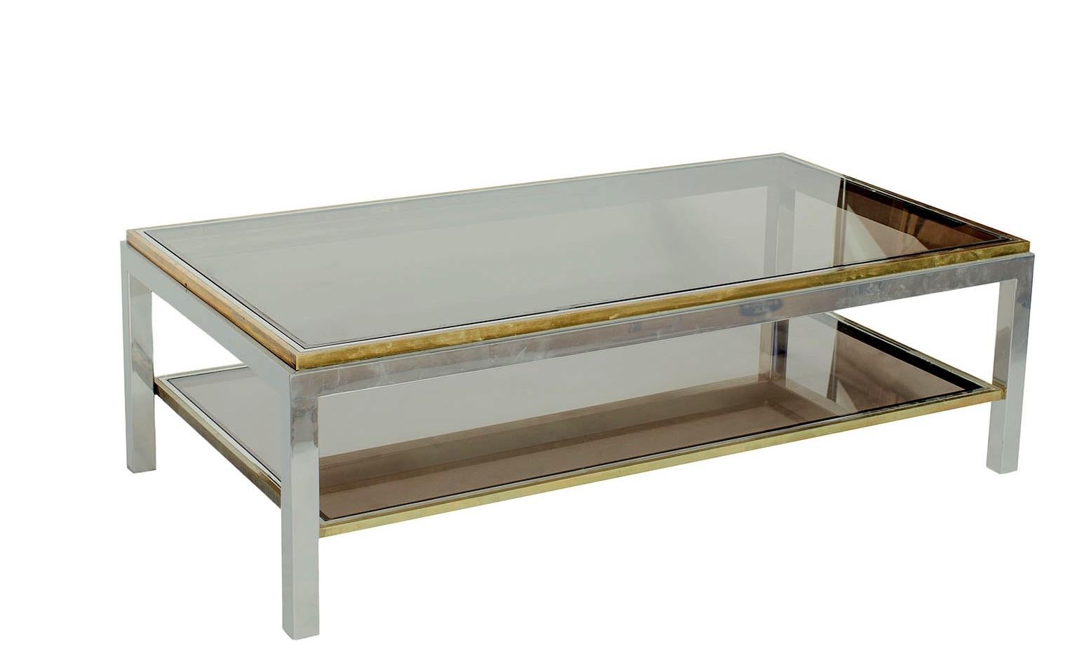 1970s Italian Chrome Brass Coffee Table with Smoked Glass by Willy Rizzo In Good Condition In New York, NY