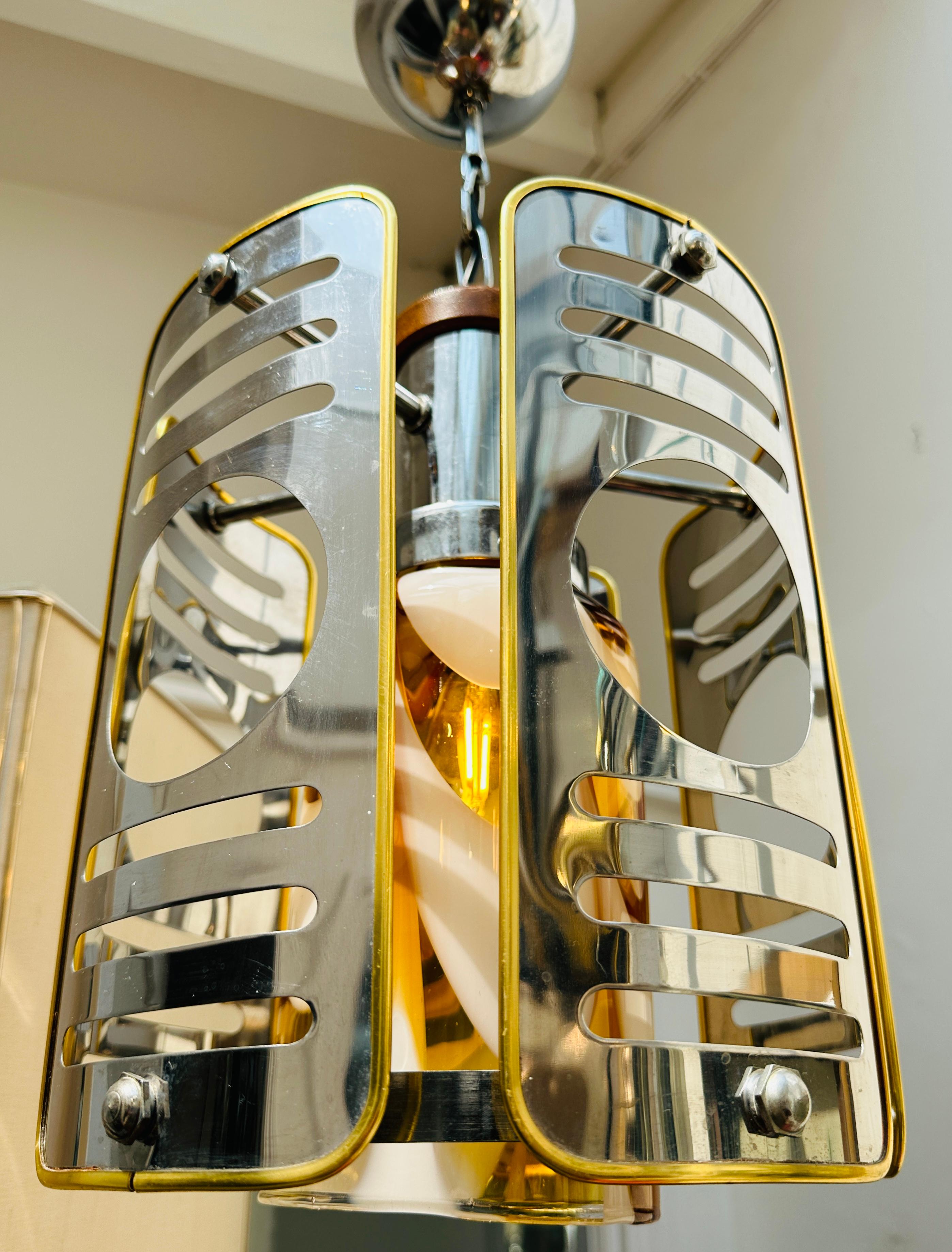 1970s Italian Chrome Brass Murano Glass Pendant Light Mazzega Carlo Nason Style For Sale 7
