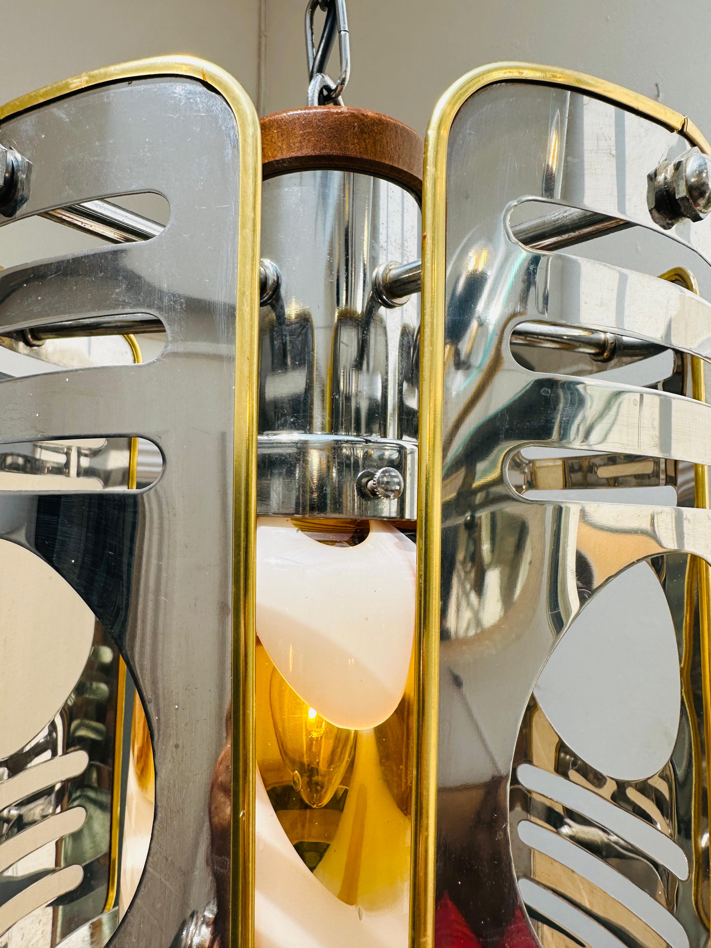 1970s Italian Chrome Brass Murano Glass Pendant Light Mazzega Carlo Nason Style For Sale 14