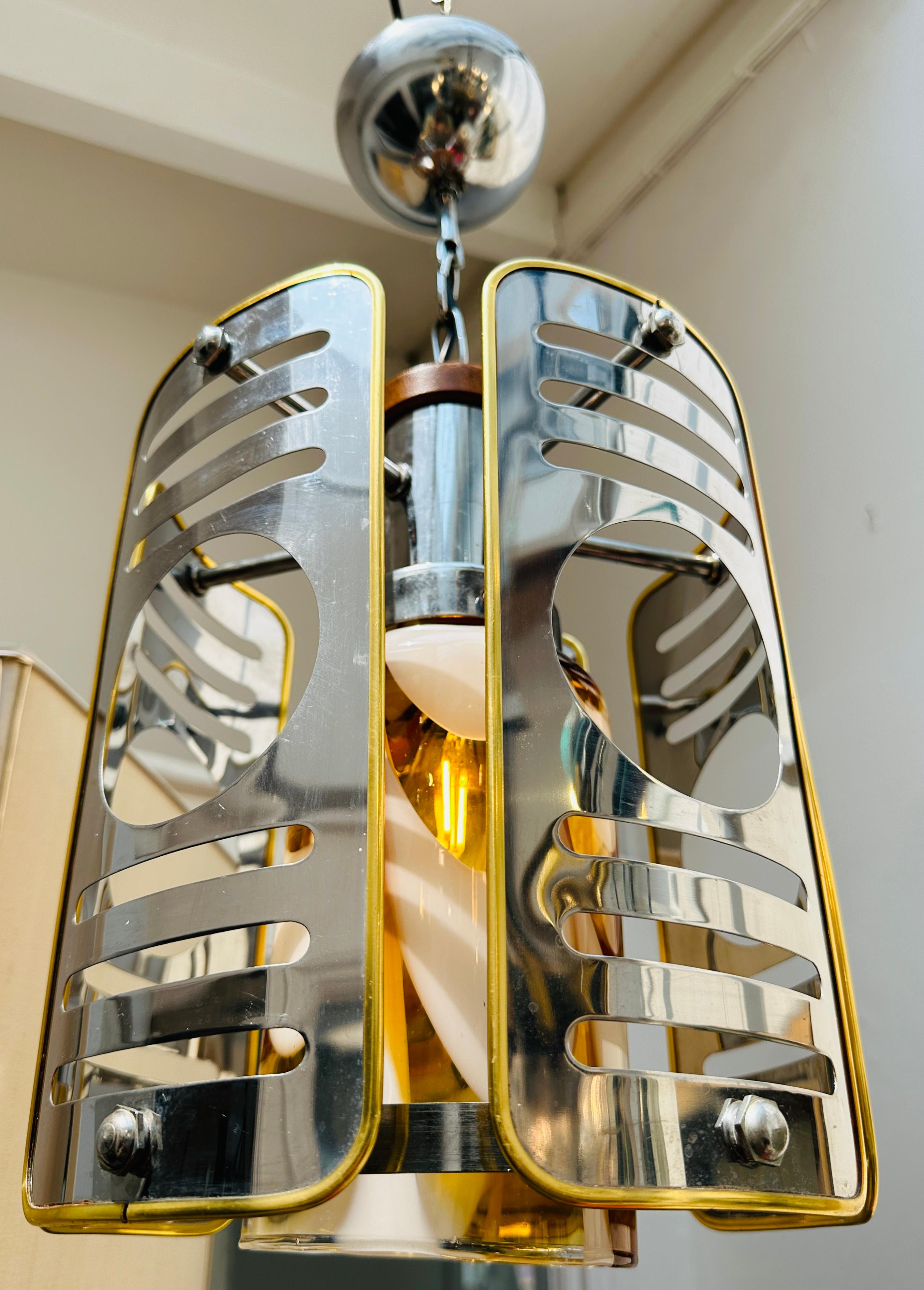 20th Century 1970s Italian Chrome Brass Murano Glass Pendant Light Mazzega Carlo Nason Style For Sale