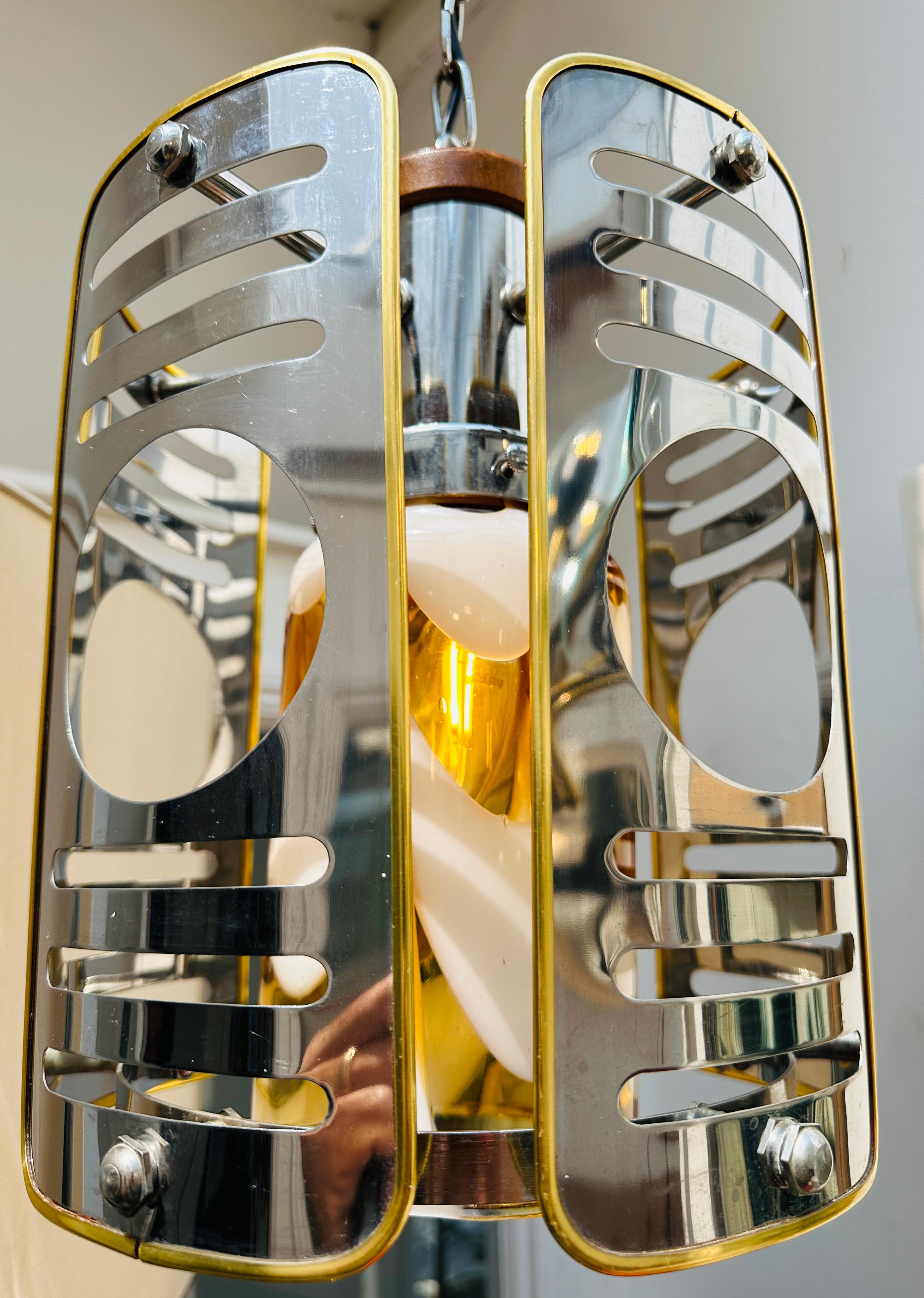 1970s Italian Chrome Brass Murano Glass Pendant Light Mazzega Carlo Nason Style For Sale 2
