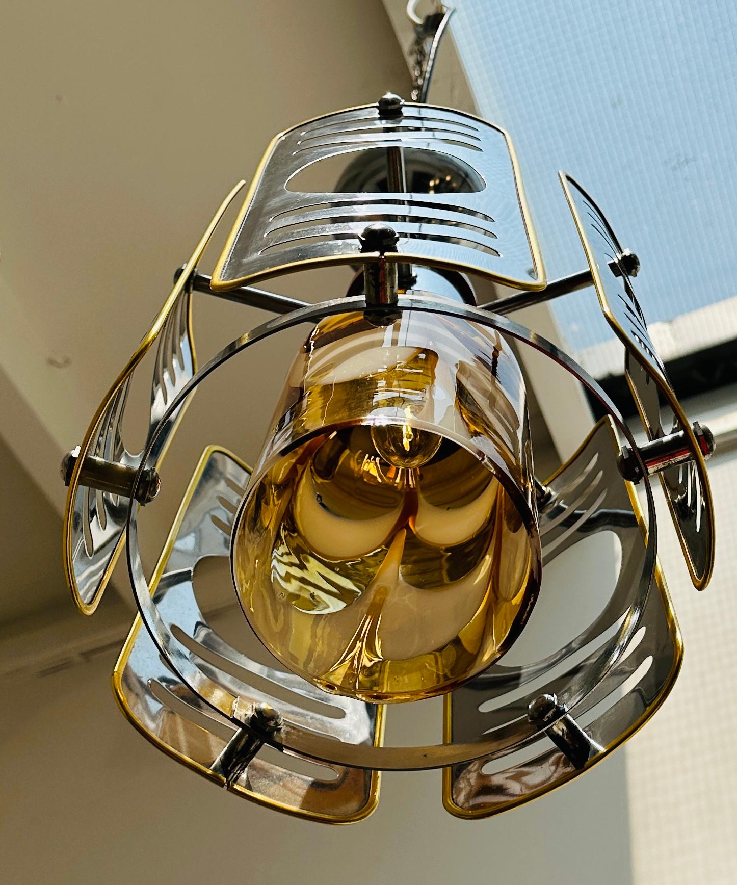 1970s Italian Chrome Brass Murano Glass Pendant Light Mazzega Carlo Nason Style For Sale 3