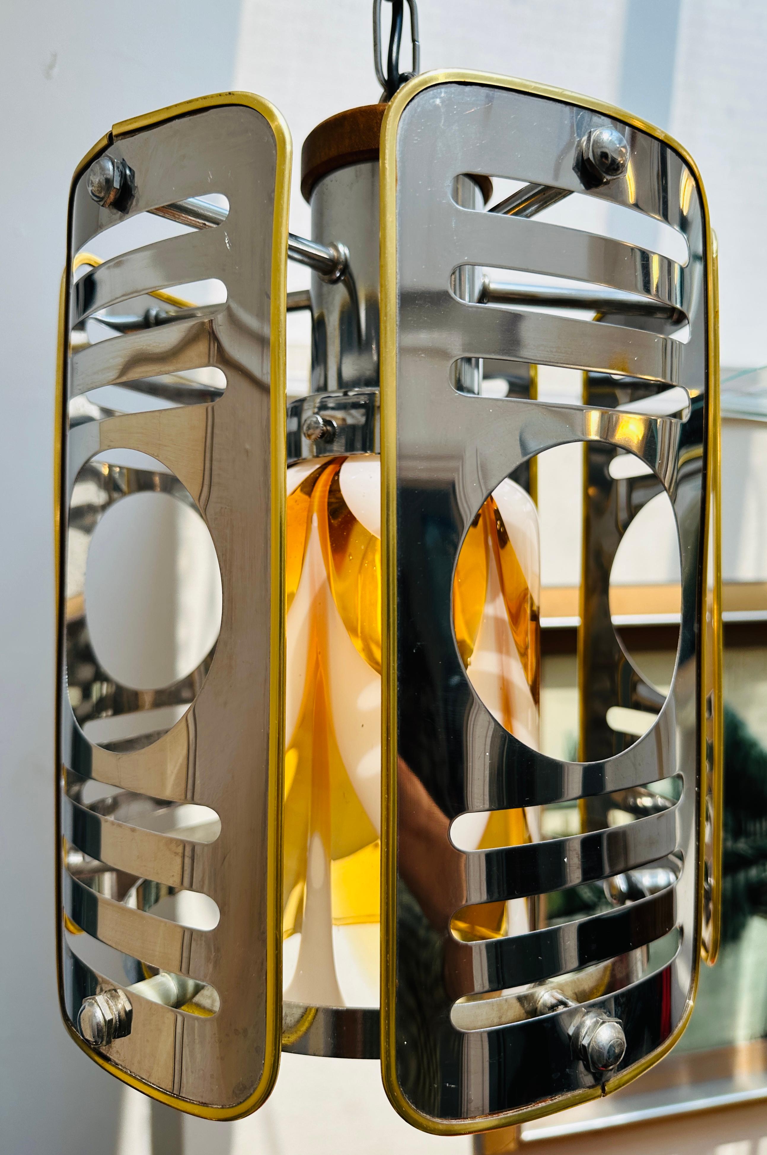 1970s Italian Chrome Brass Murano Glass Pendant Light Mazzega Carlo Nason Style For Sale 4
