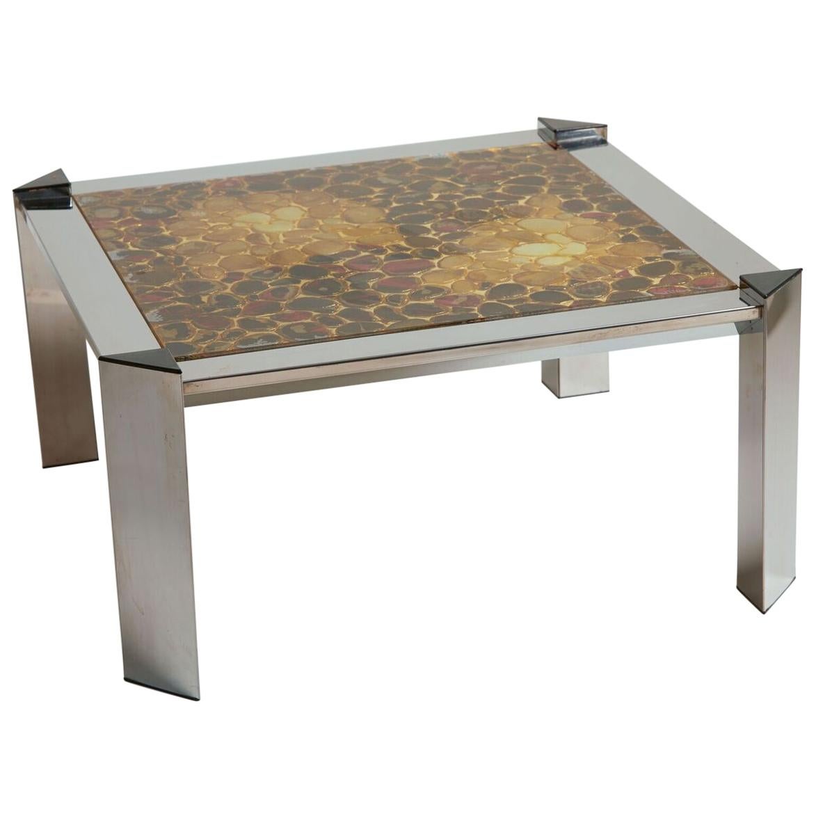 1970s Italian Chrome Coffee Table with Brown 
Cream Mosaic Resin Glass Top
