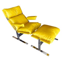 1970s Italian Chrome-Plated Steel and Leather Lounge Chair and Ottoman