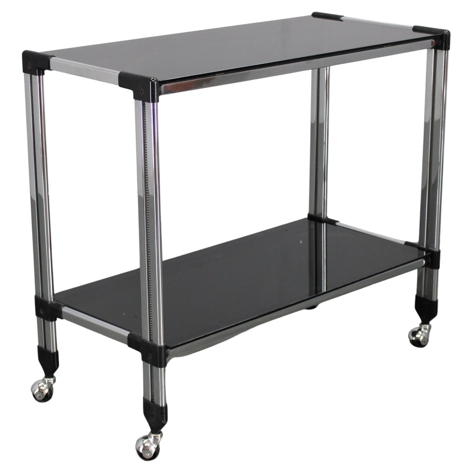 1970s Italian Chrome & Smoked Glass Serving Table on Casters