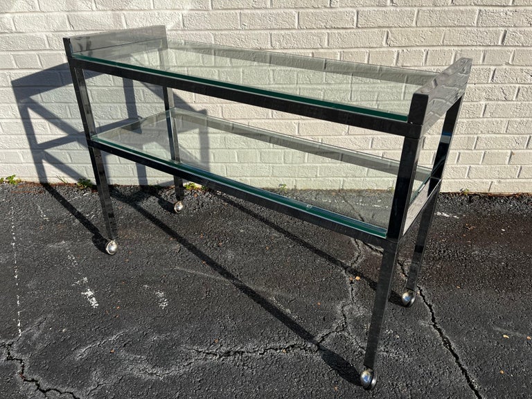 1970's Italian Chrome Two Tier Bar Cart or Serving Trolley with Glass