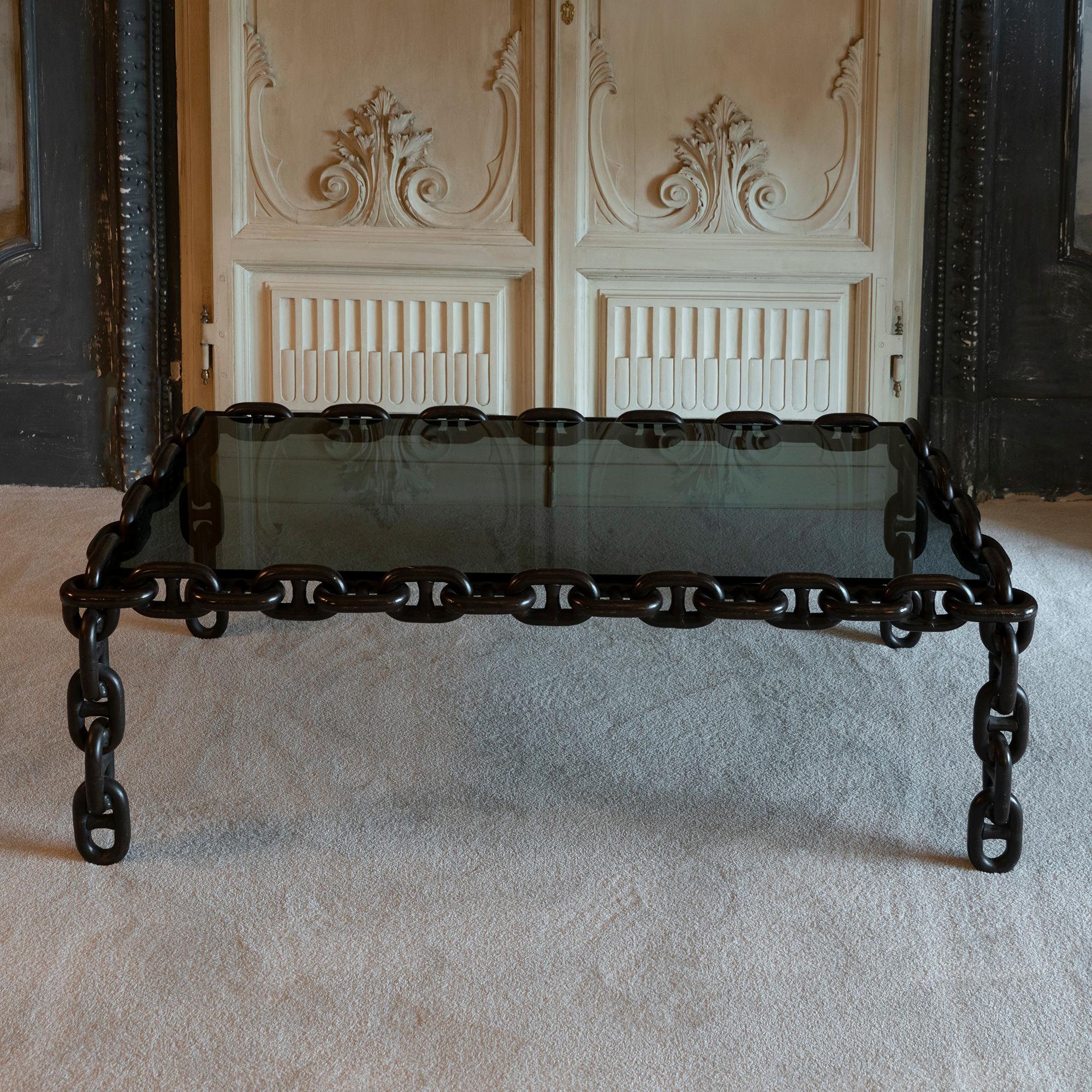 Coffee table made of large rust-brown lacquered nautical iron chain, perfect condition an vintage patina, smoked grey original glass top, Italy 1970's circa.