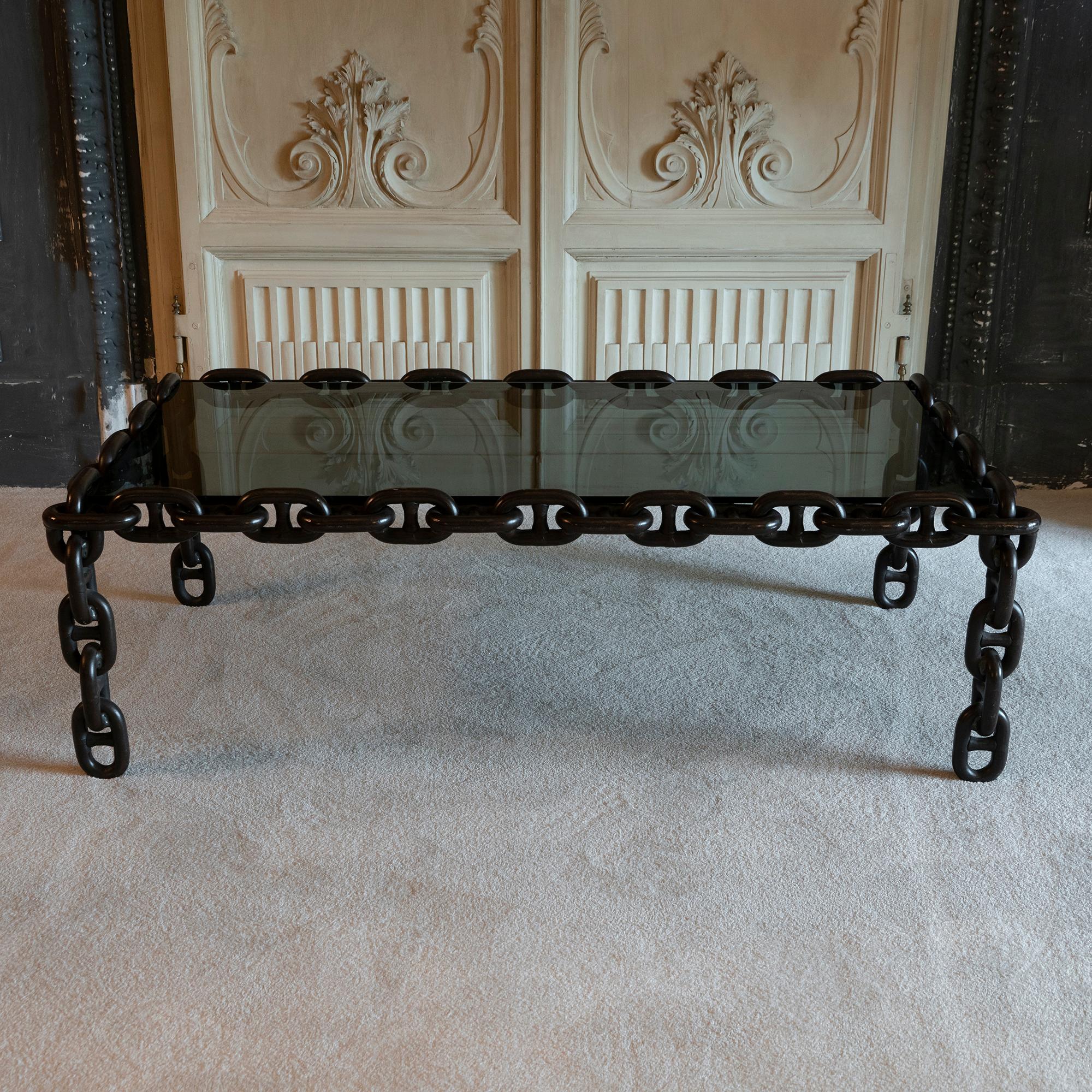 Late 20th Century 1970s Italian Coffee Table Made of Nautical Iron Chain and Smoked Glass Top