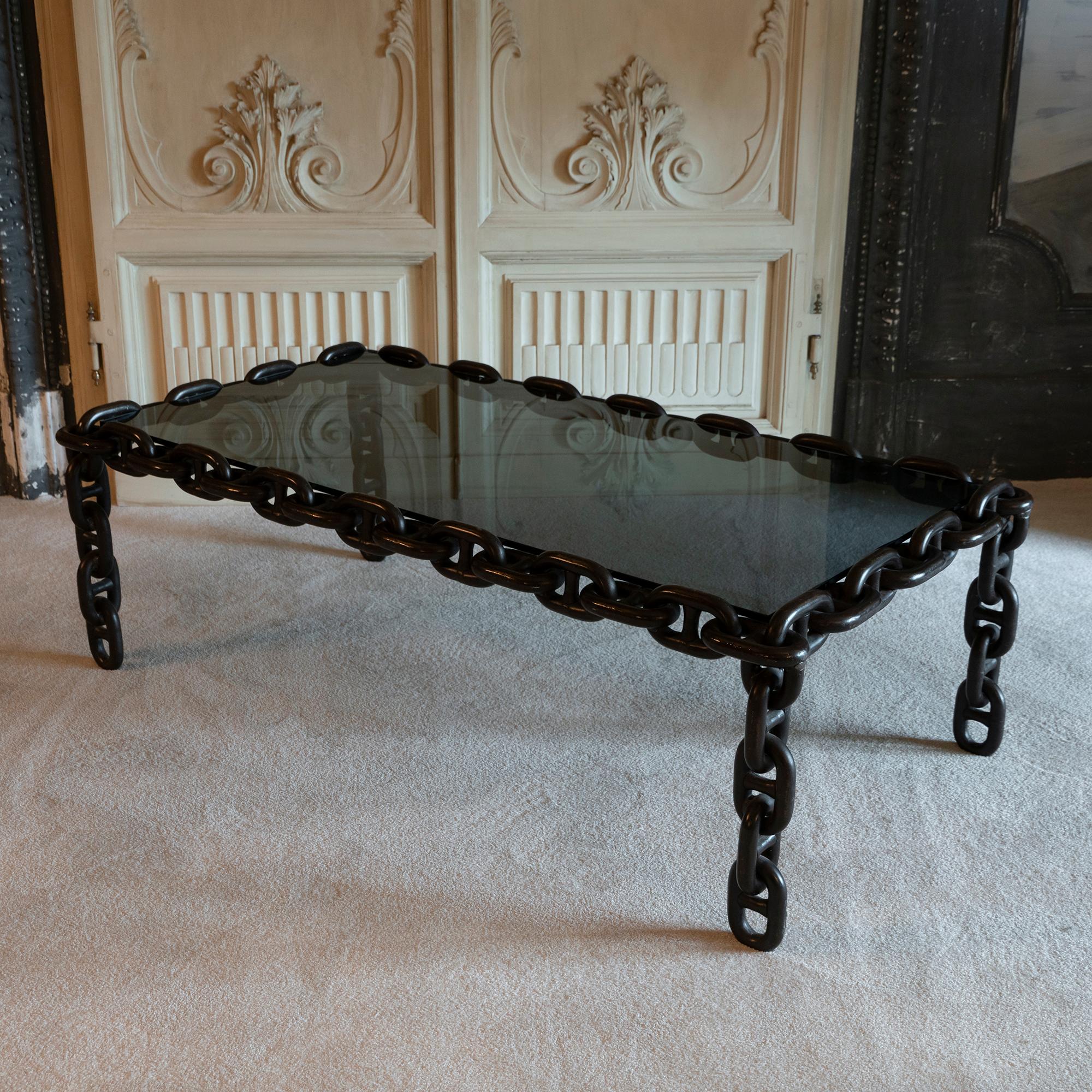 Steel 1970s Italian Coffee Table Made of Nautical Iron Chain and Smoked Glass Top
