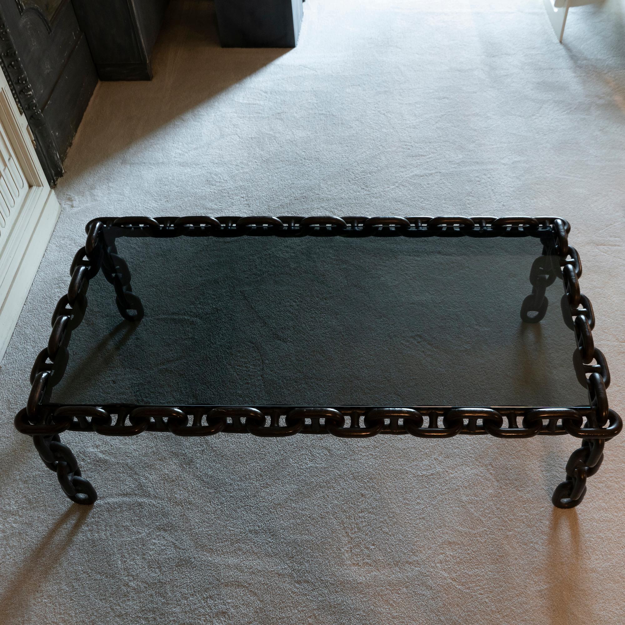 1970s Italian Coffee Table Made of Nautical Iron Chain and Smoked Glass Top 1