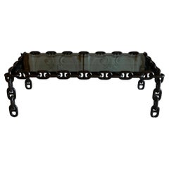 Retro 1970s Italian Coffee Table Made of Nautical Iron Chain and Smoked Glass Top