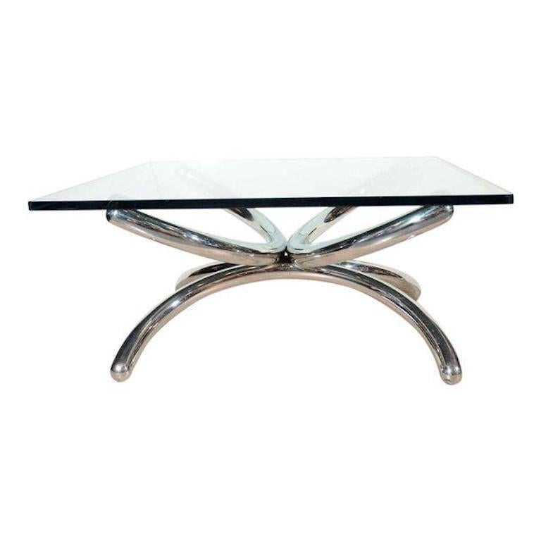 Mid-Century Modern Chrome and Glass Tubular Coffee Table in Style of Paul Tuttle, Italy c. 1970's For Sale
