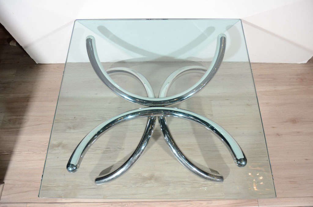 Italian Chrome and Glass Tubular Coffee Table in Style of Paul Tuttle, Italy c. 1970's For Sale