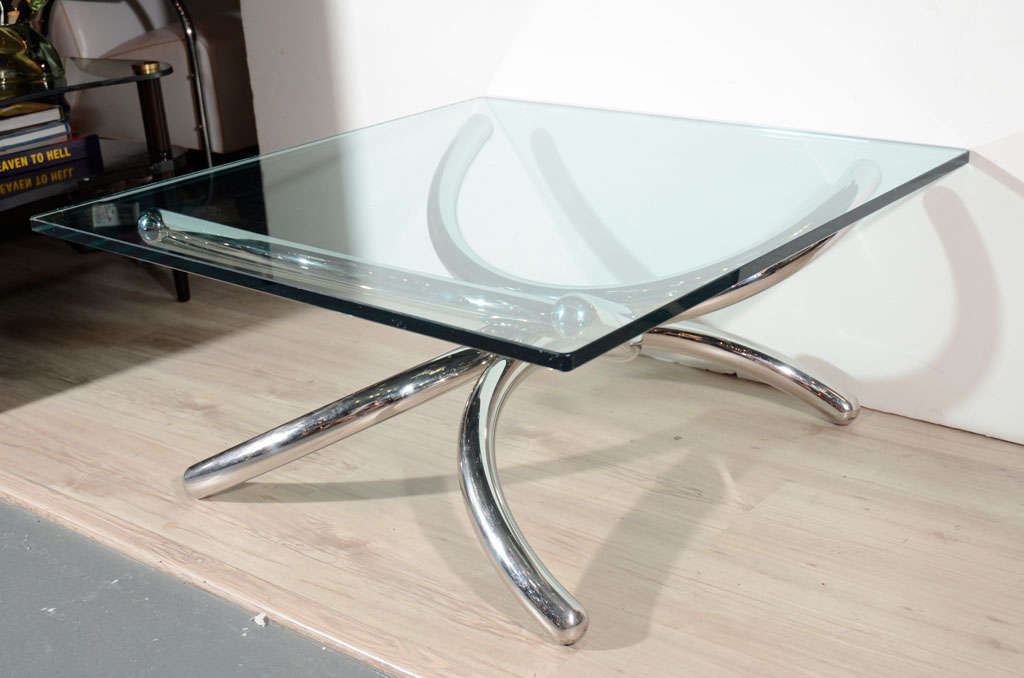 Polished Chrome and Glass Tubular Coffee Table in Style of Paul Tuttle, Italy c. 1970's For Sale