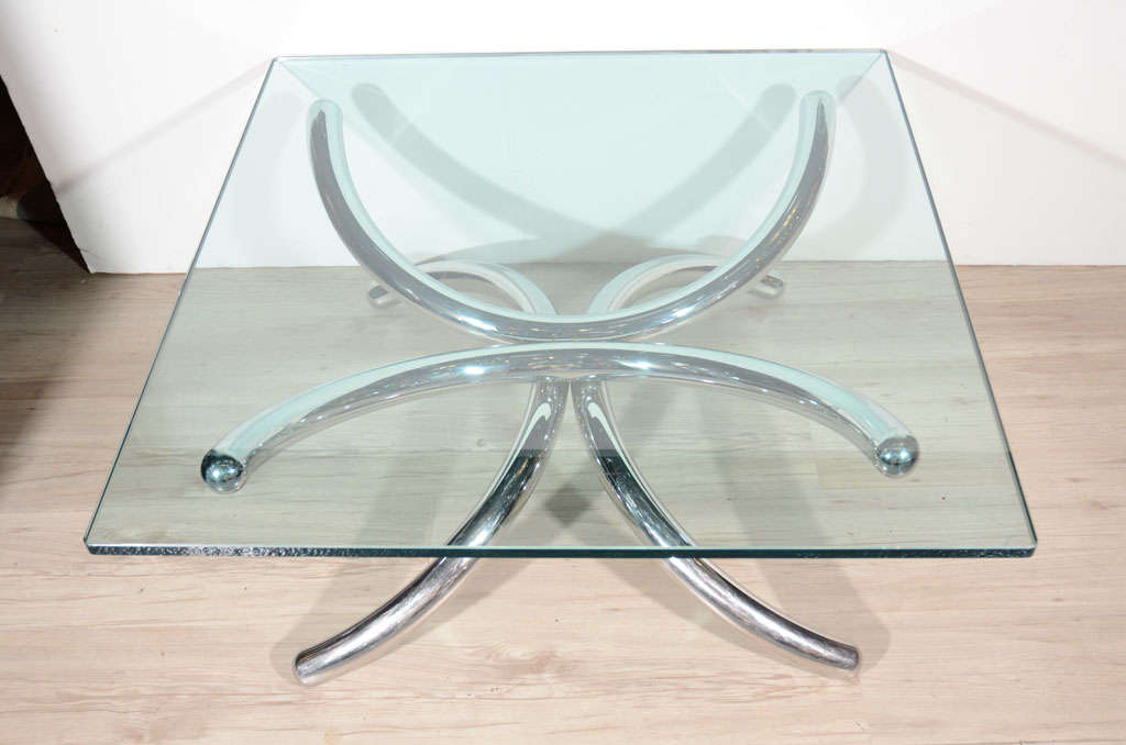 Chrome and Glass Tubular Coffee Table in Style of Paul Tuttle, Italy c. 1970's In Good Condition For Sale In Fort Lauderdale, FL