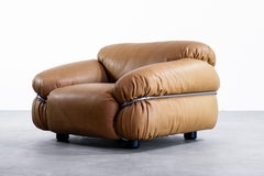 1970s Italian Cognac Leather & Chrome Sesann Lounge Armchair by Frattini Cassina